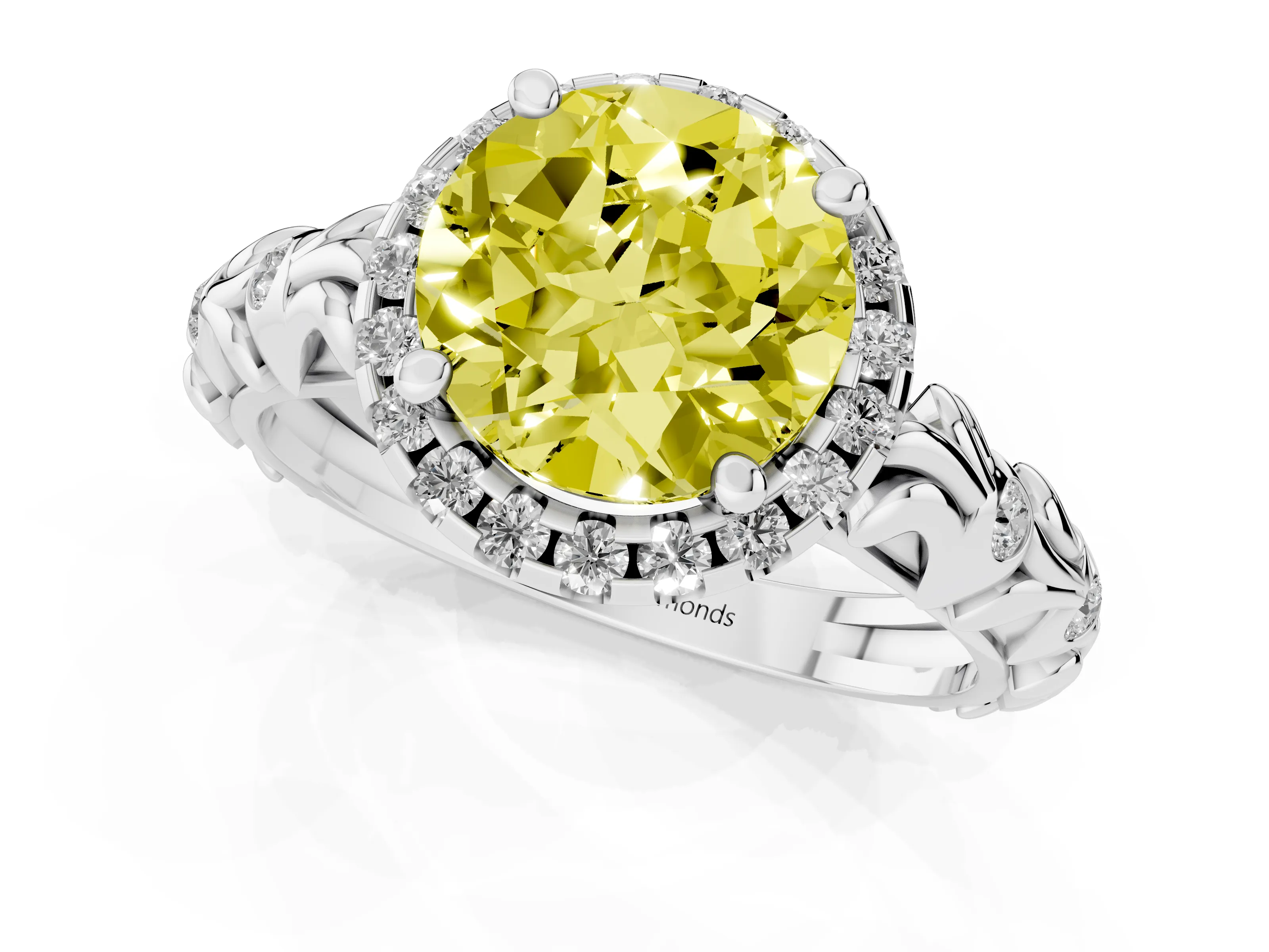 Fancy Yellow Round Cut Diamond Halo Ring Set in Platinum with Filigree Leaf Band and Prong Setting