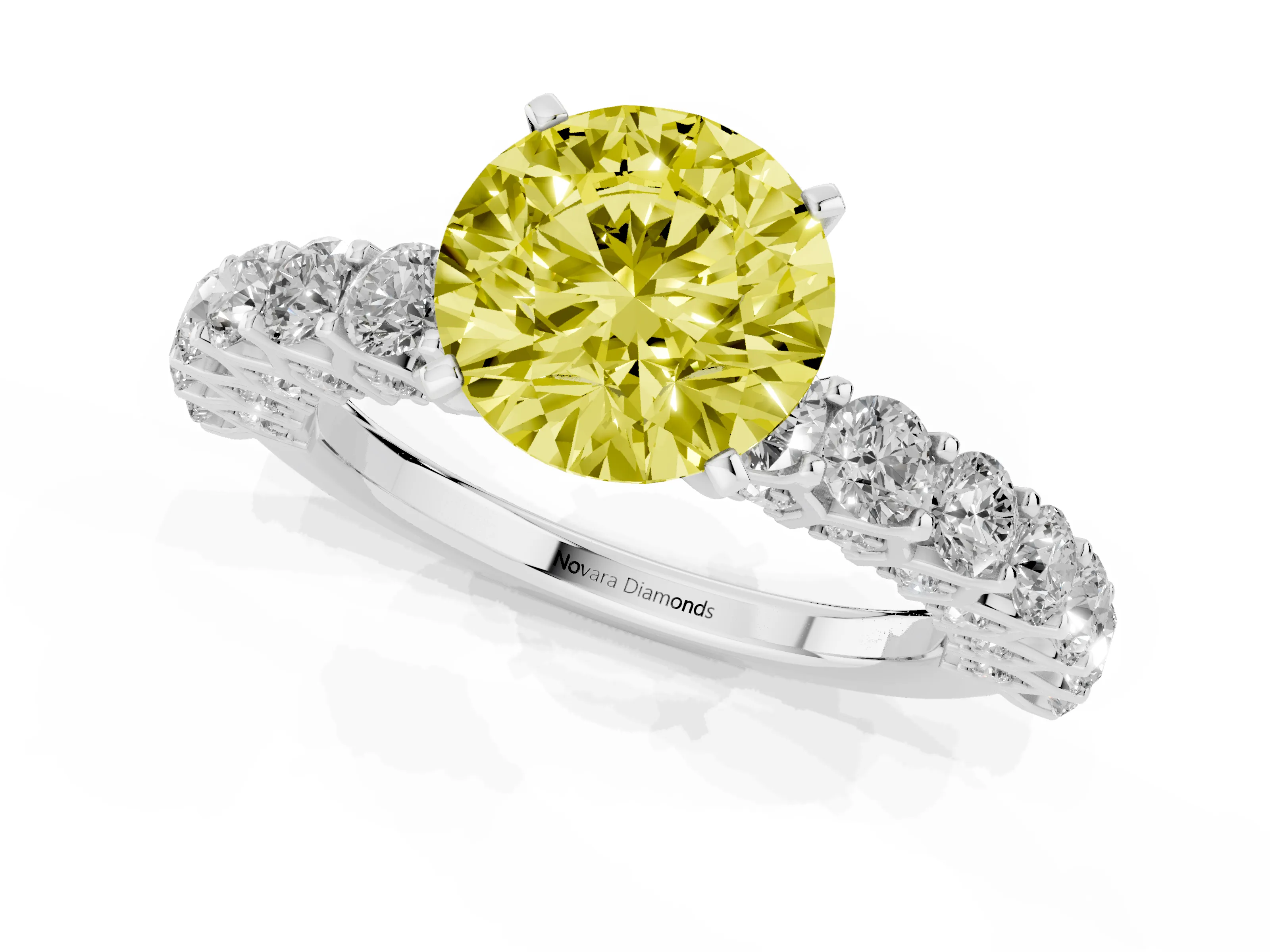 Fancy Yellow Round Cut Diamond Solitaire Ring Set in Silver with Shared Prong Pavé Band