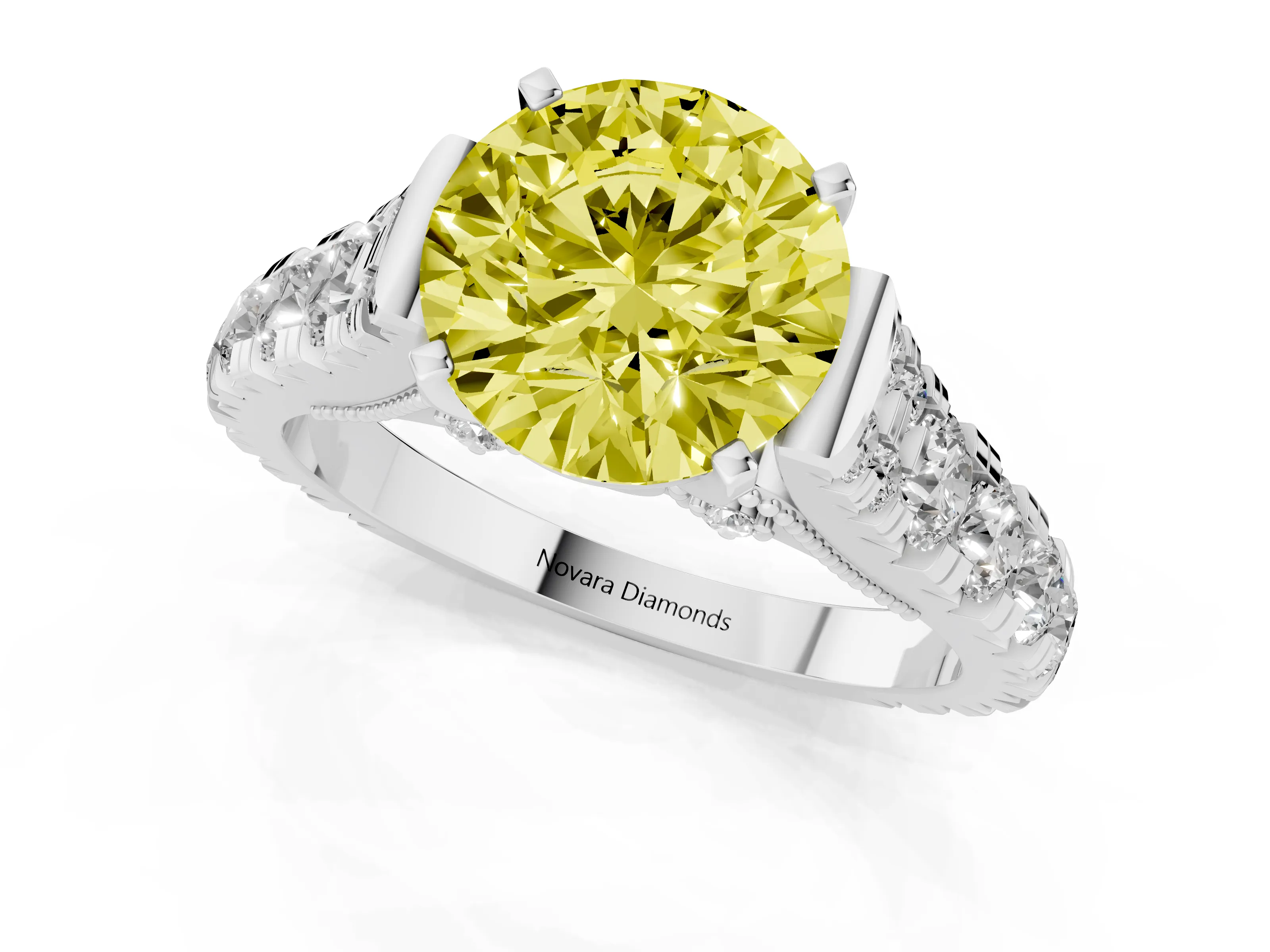Fancy Yellow Round Cut Diamond Classic Solitaire Ring Set in Platinum with Pavé Band and Prong Setting