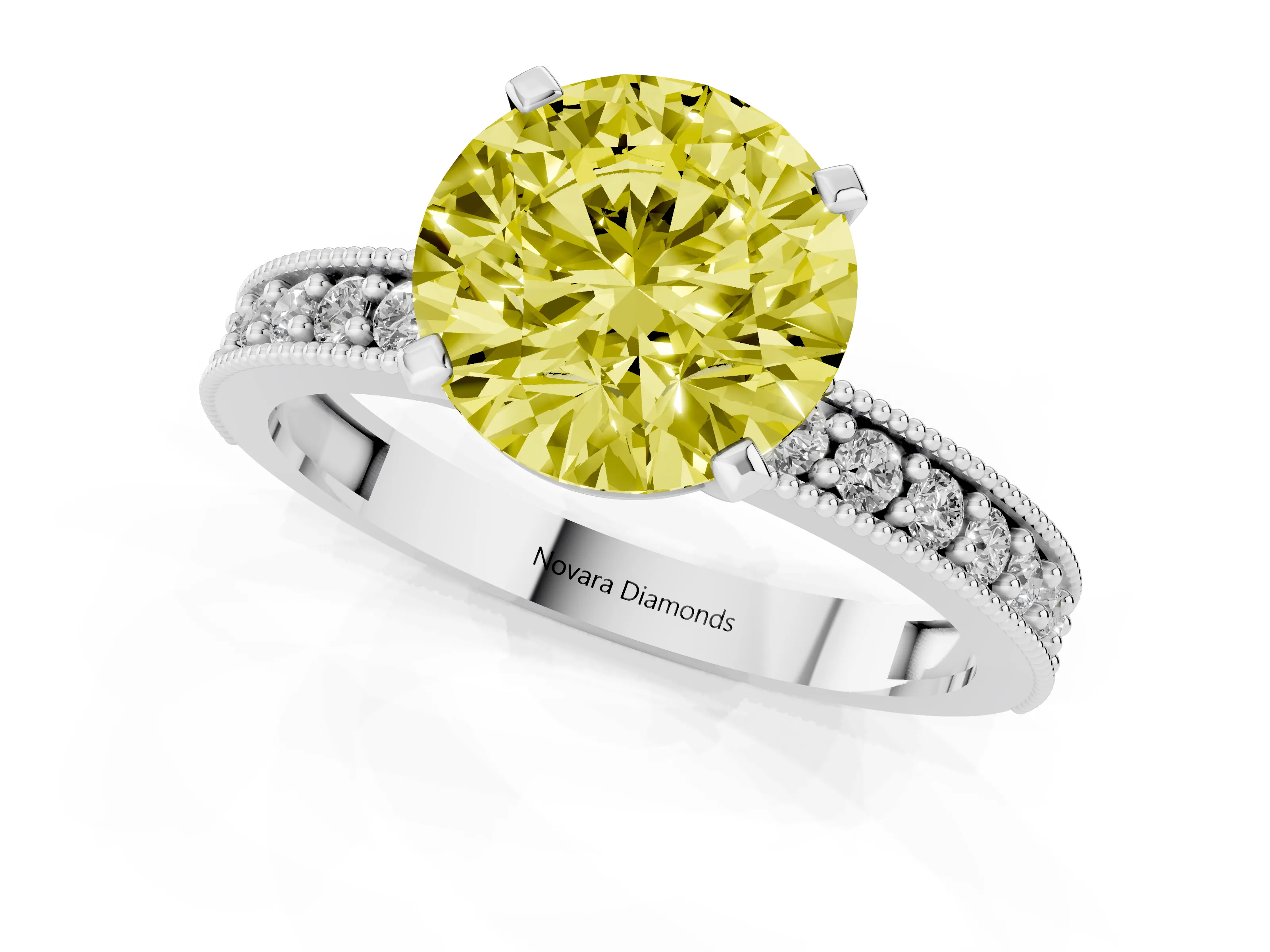 Fancy Yellow Round Cut Diamond Milgrain Pavé Engagement Ring Set in Platinum with Prong Setting