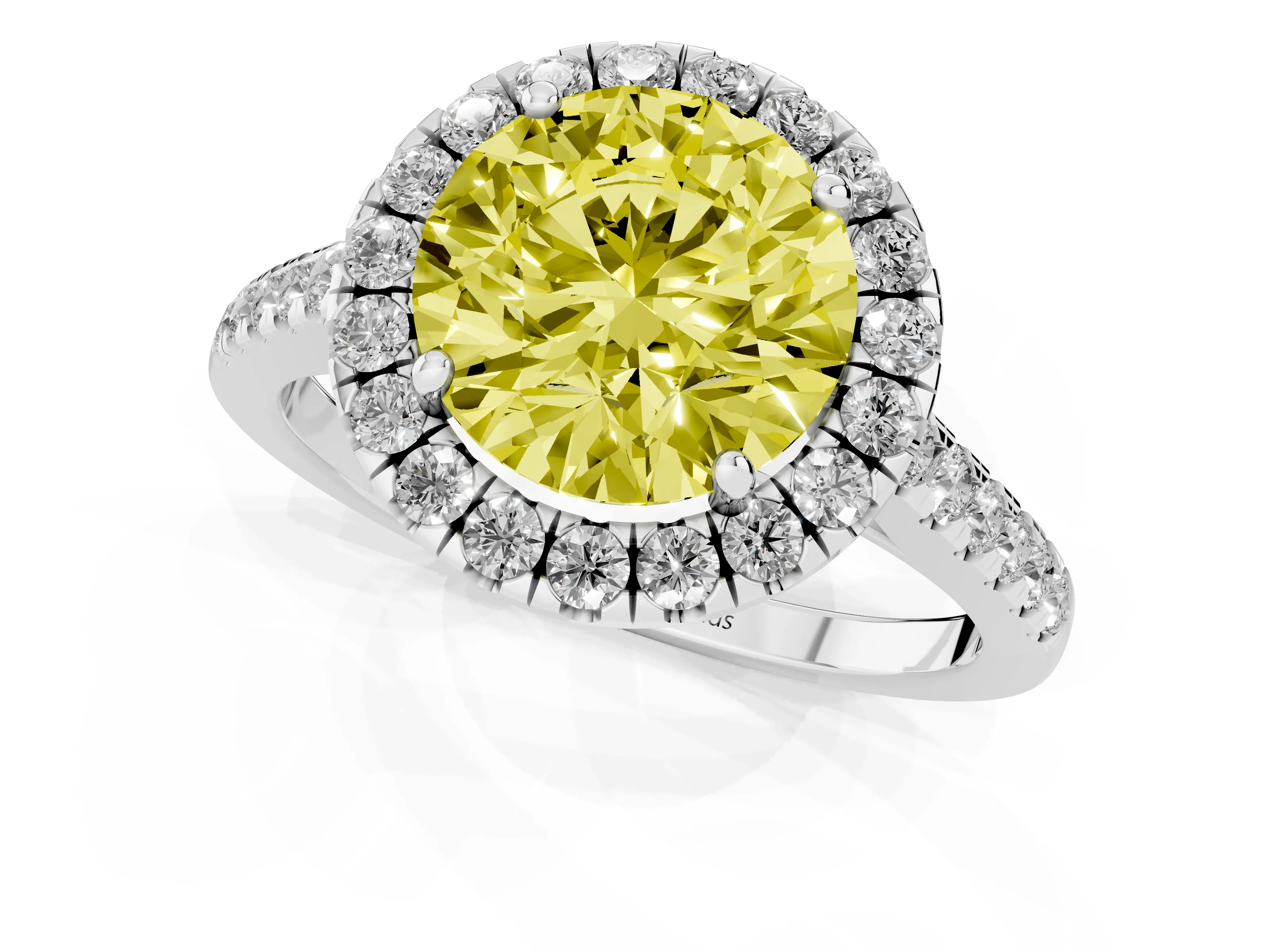 Fancy Yellow Round Cut Diamond Halo Pavé Engagement Ring Set in White gold with Prong Setting