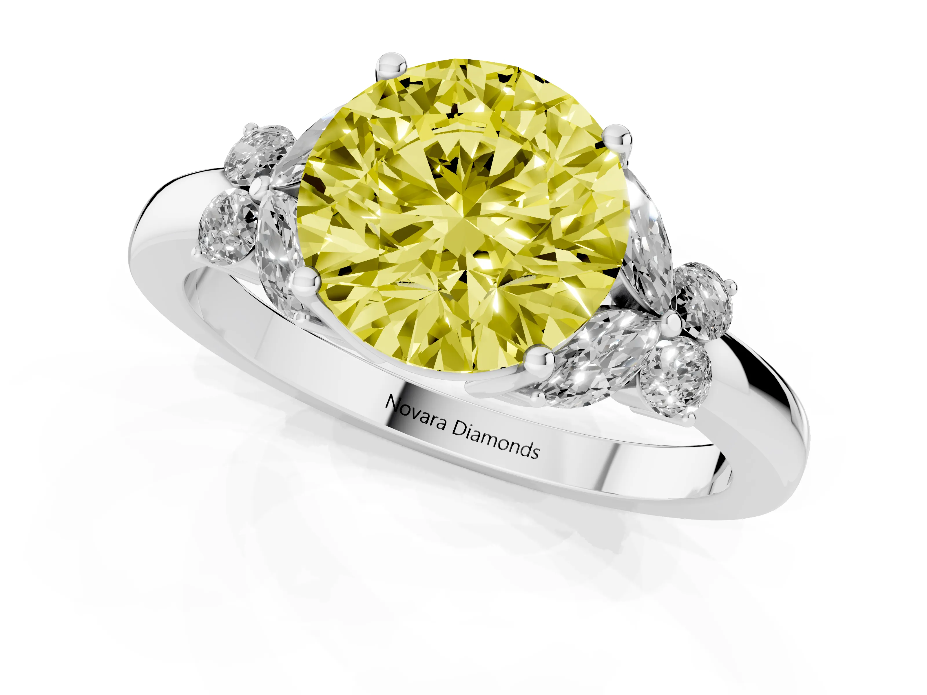 Fancy Yellow Round Cut Diamond Solitaire Floral Ring Set in Platinum with Marquise Petals and Prong Setting