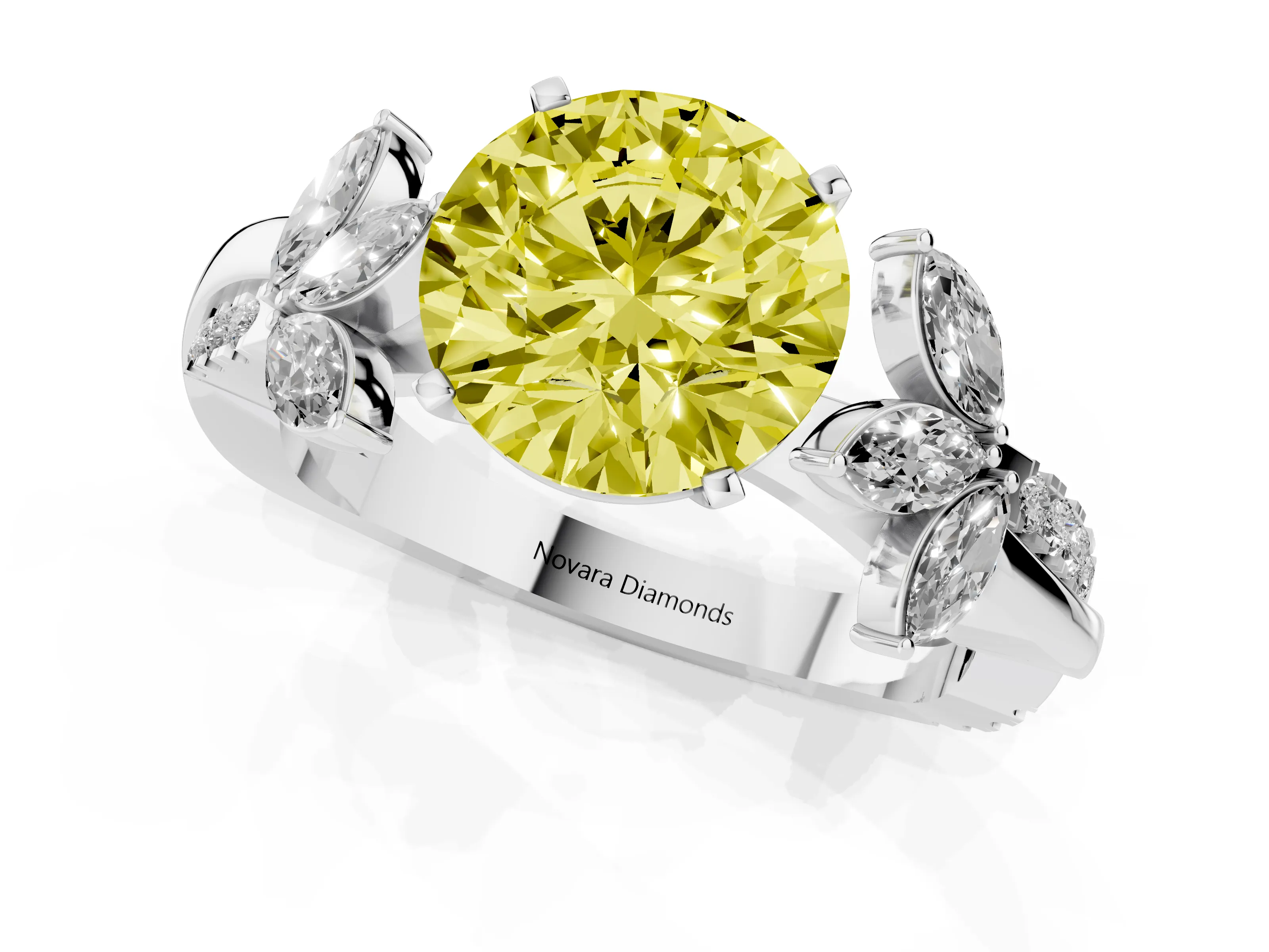 Fancy Yellow Round Cut Diamond Floral Vine Solitaire Engagement Ring Set in White gold with Marquise Leaves