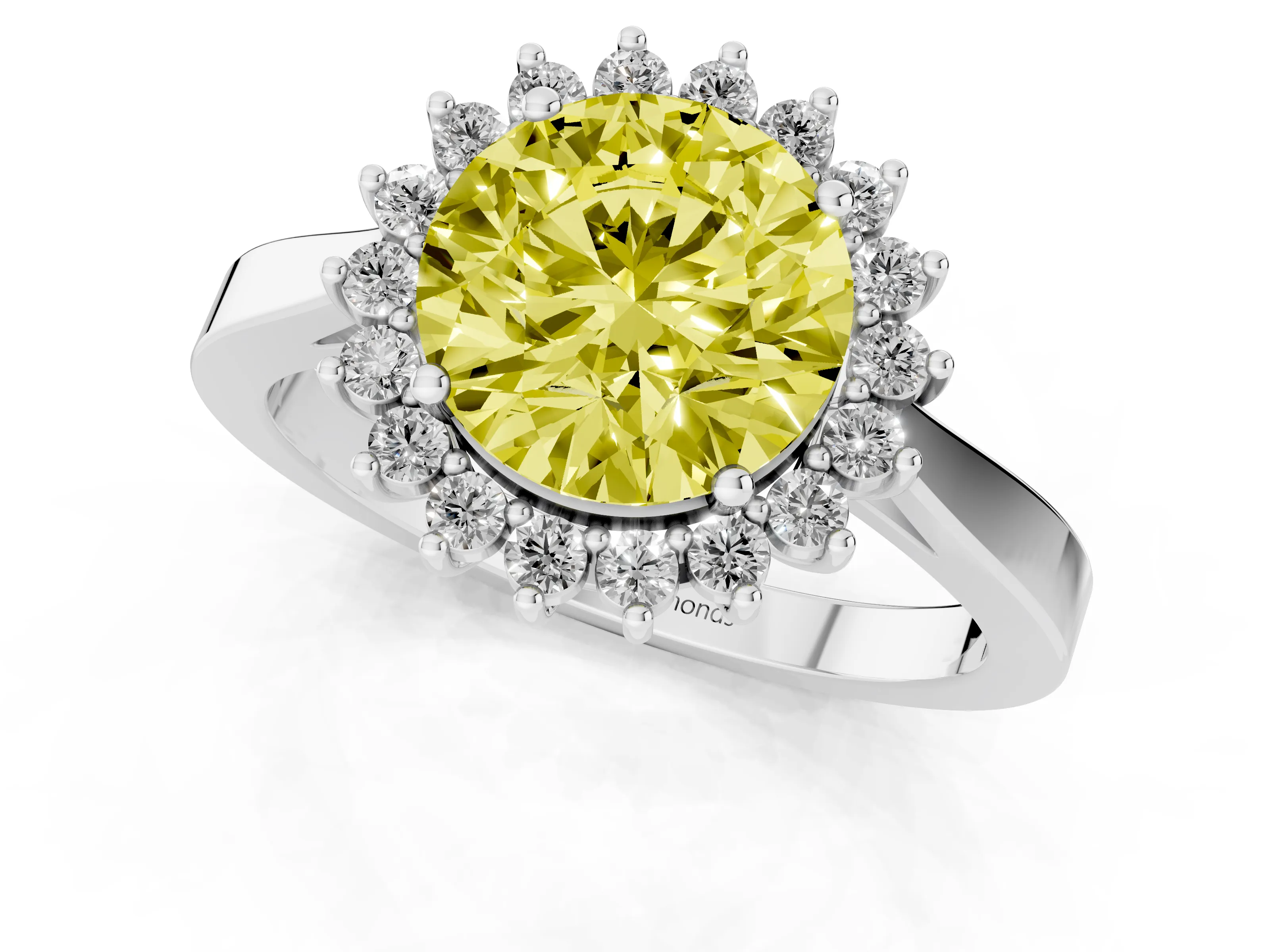 Fancy Yellow Round Cut Diamond Halo Ring Set in White gold with Round Halo and Smooth Solitaire Band
