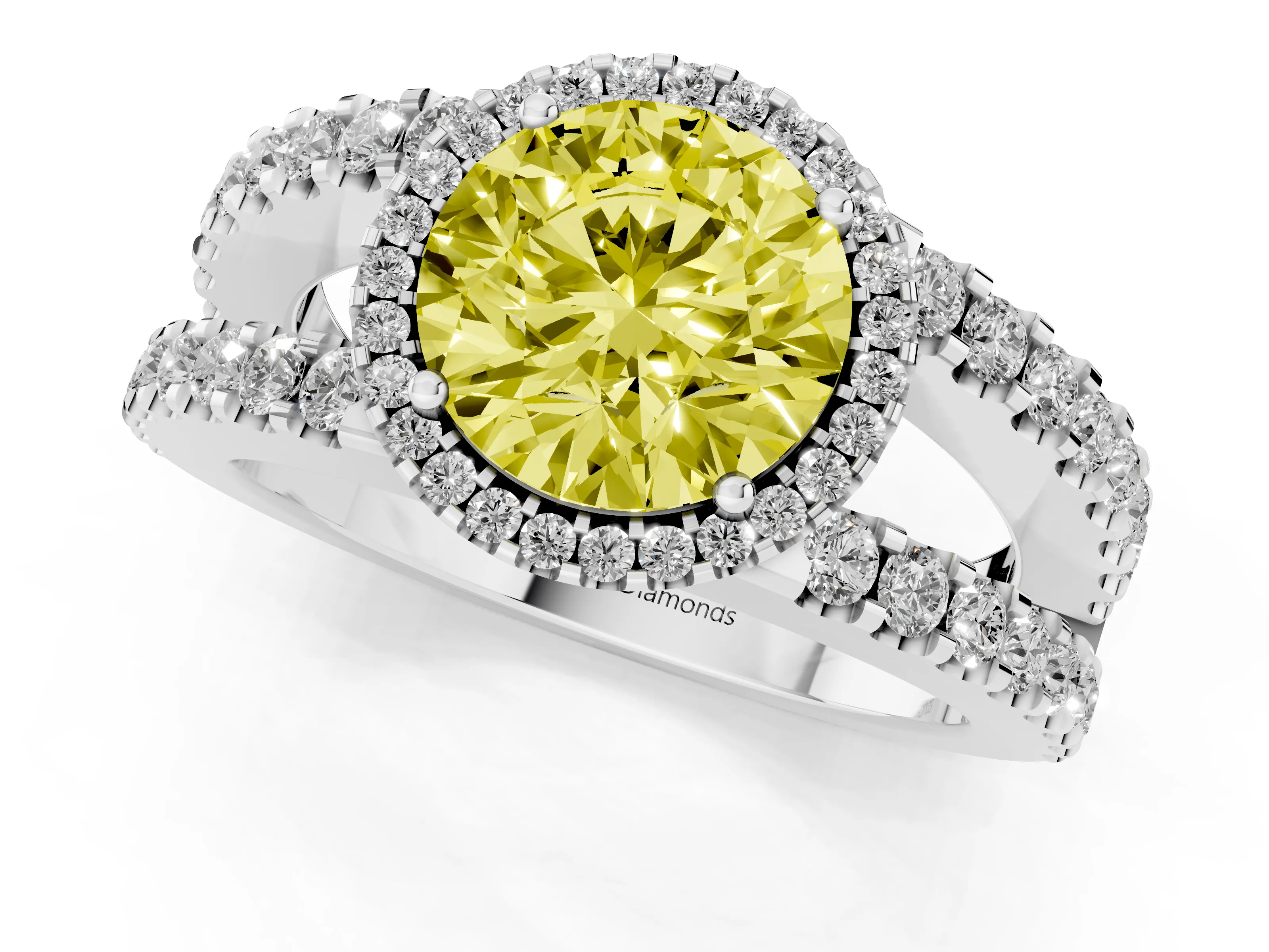 Fancy Yellow Round Cut Diamond Halo Ring Set in Platinum with Pavé Split Shank and Prong Setting