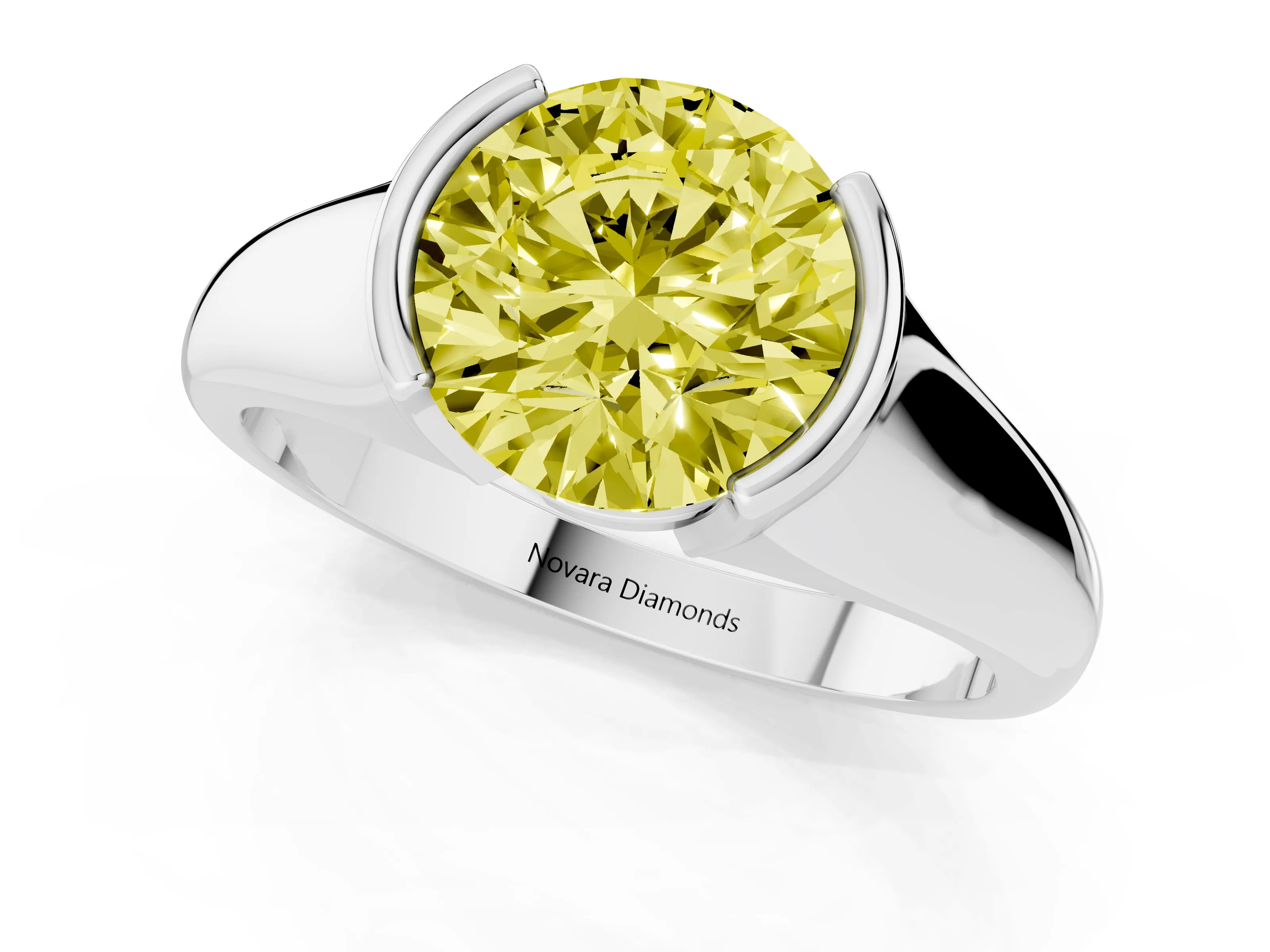 Fancy Yellow Round Cut Diamond Solitaire Tension Set Ring Set in Silver with Split Shank Band