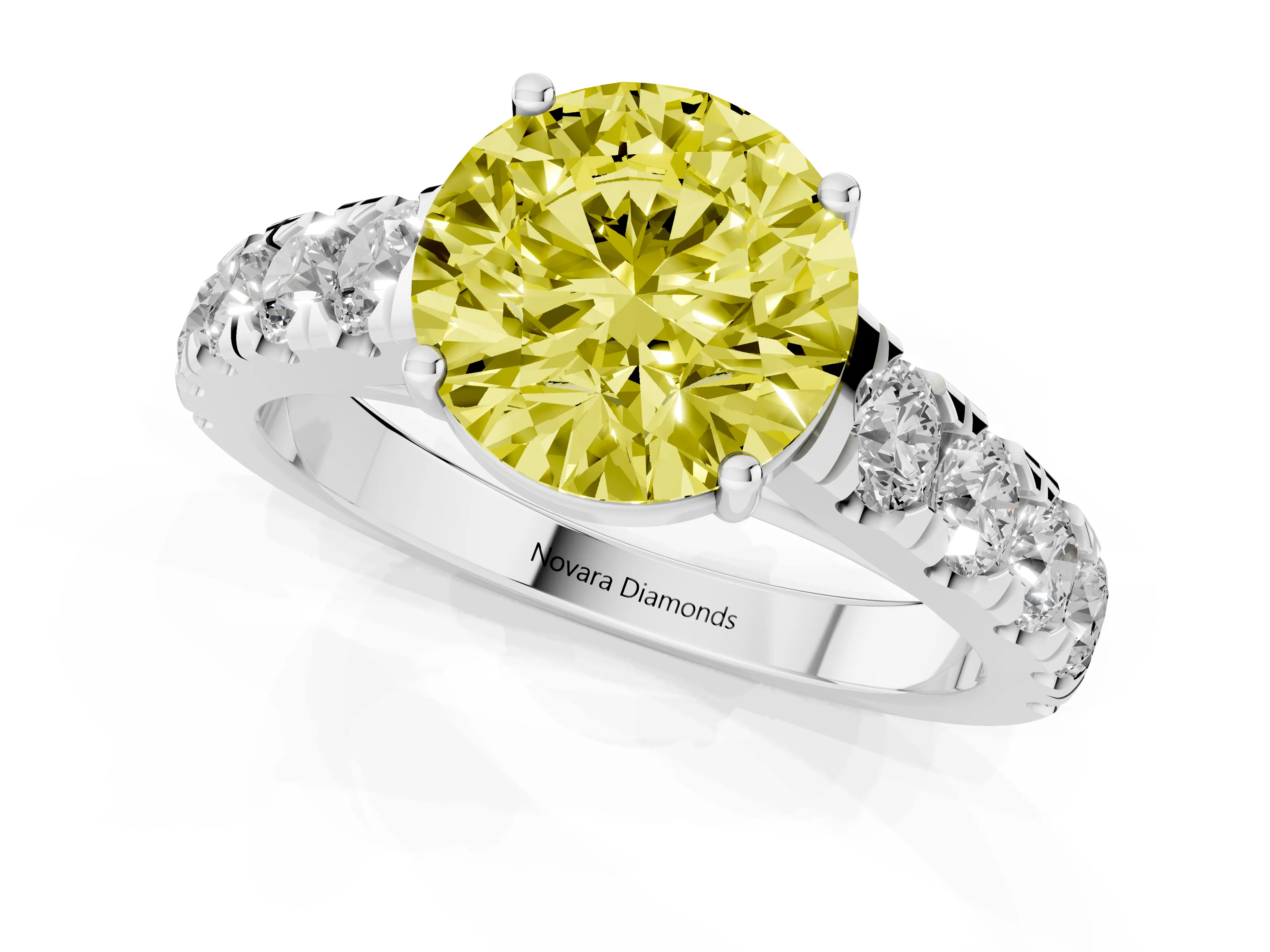 Fancy Yellow Round Cut Diamond Solitaire Ring Set in Platinum with Cut-Down Micro Pavé Band and Prong Setting