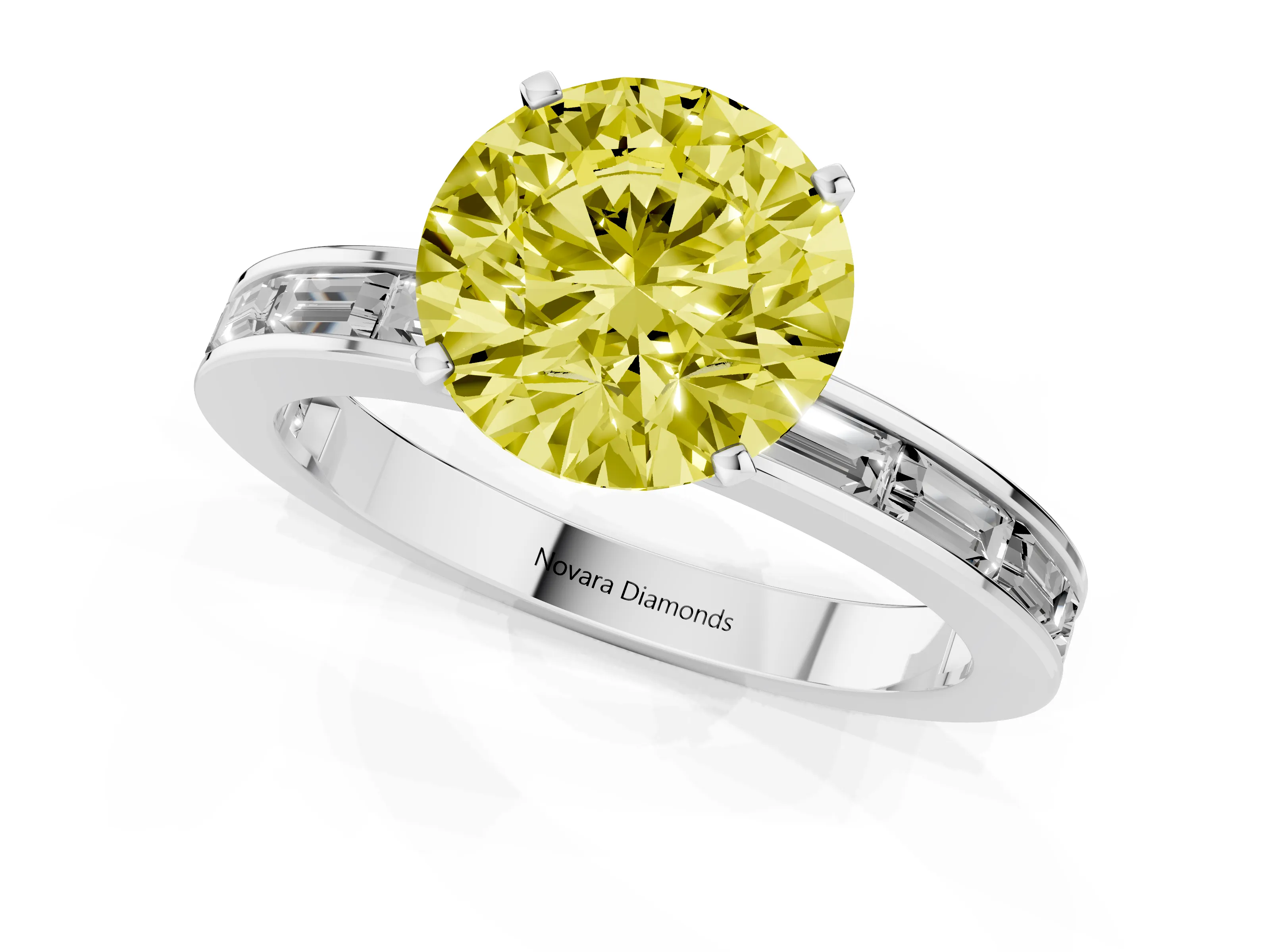 Fancy Yellow Round Cut Diamond Solitaire Ring Set in Platinum with Channel-Set Baguette Band and Prong Setting
