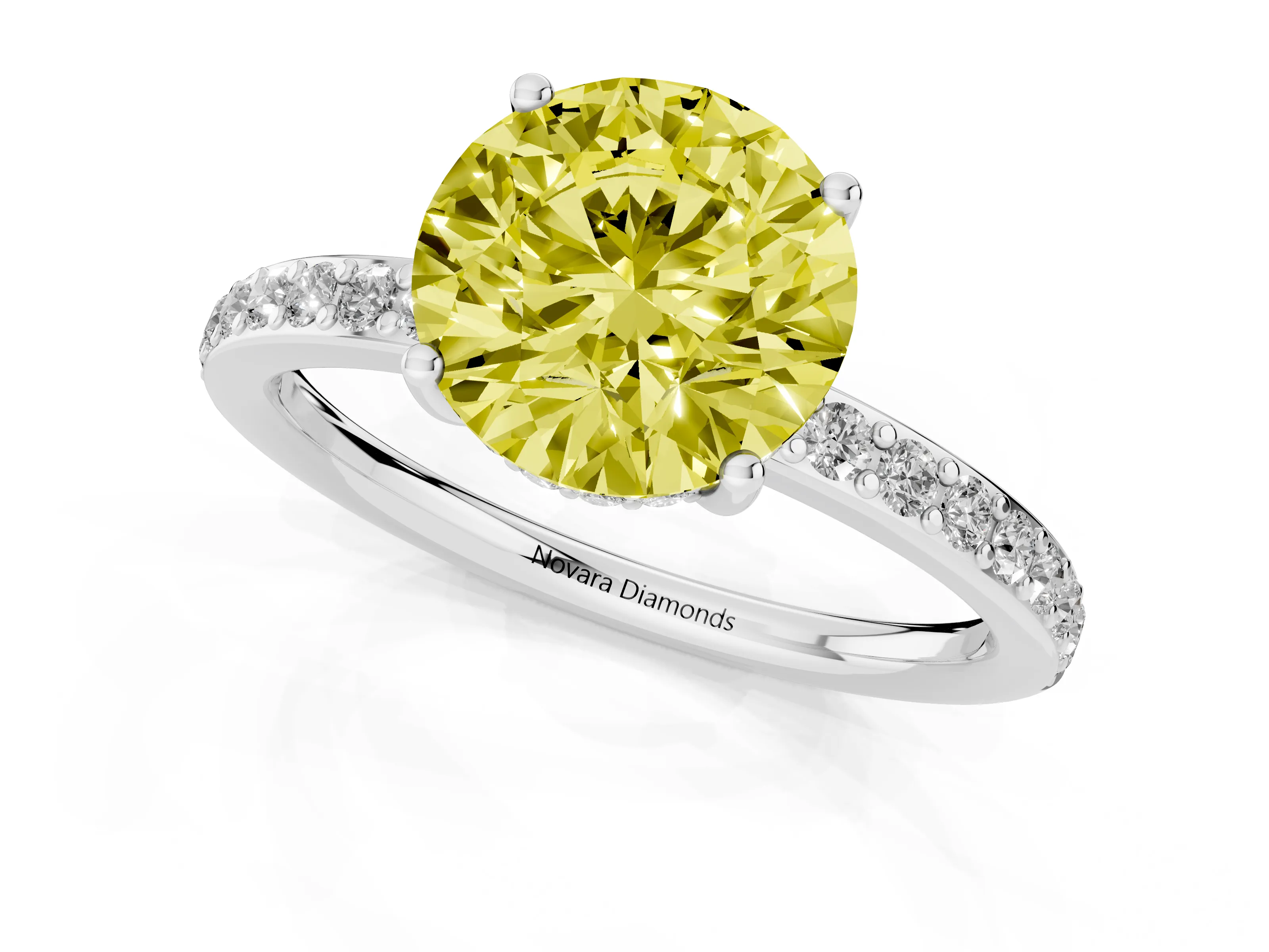 Fancy Yellow Round Cut Diamond Pavé Band Ring Set in Silver with Prong-Set Center Stone
