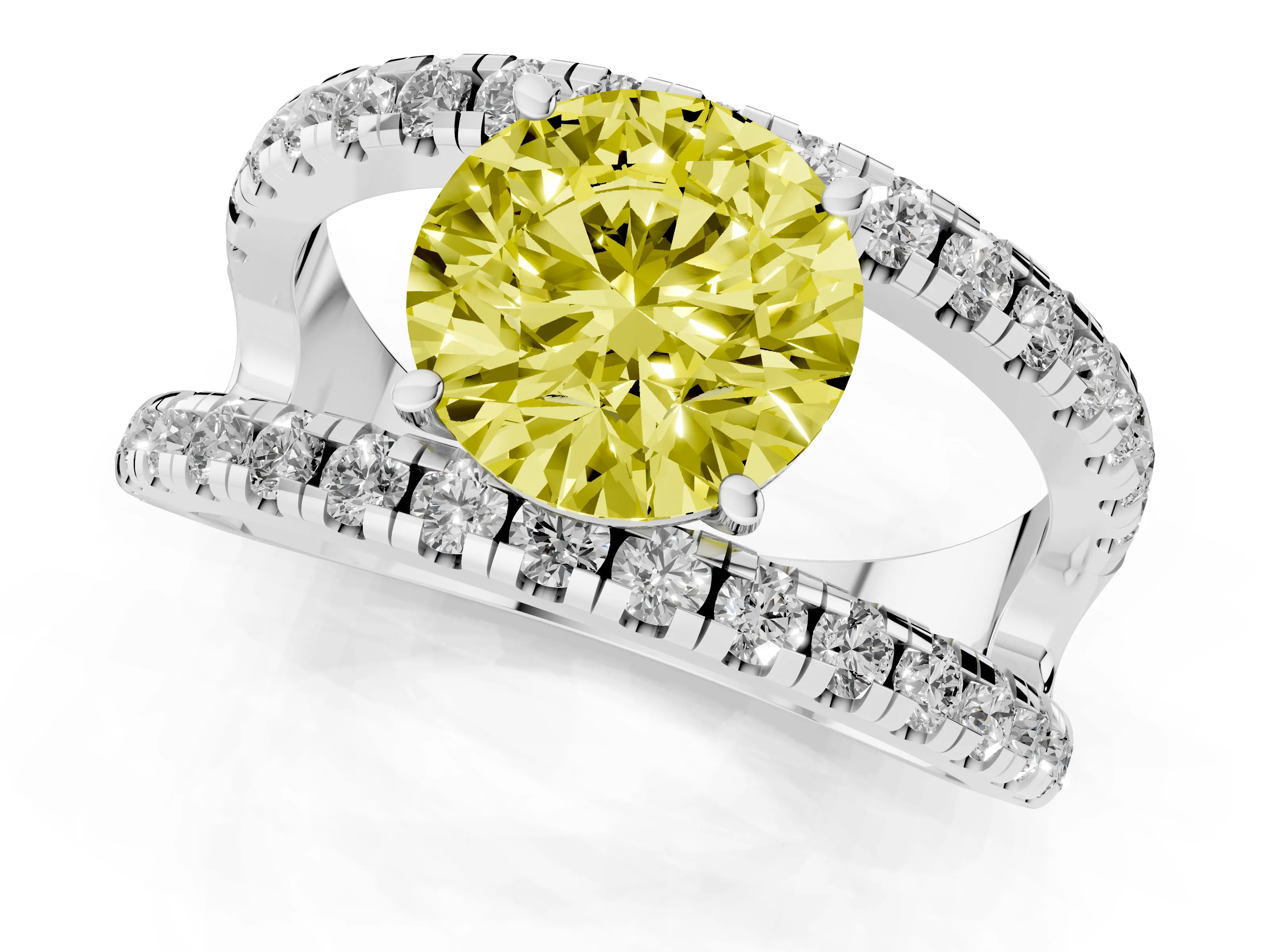 Fancy Yellow Round Cut Diamond Split Shank Pavé Solitaire Ring Set in White gold with Open Shank Design