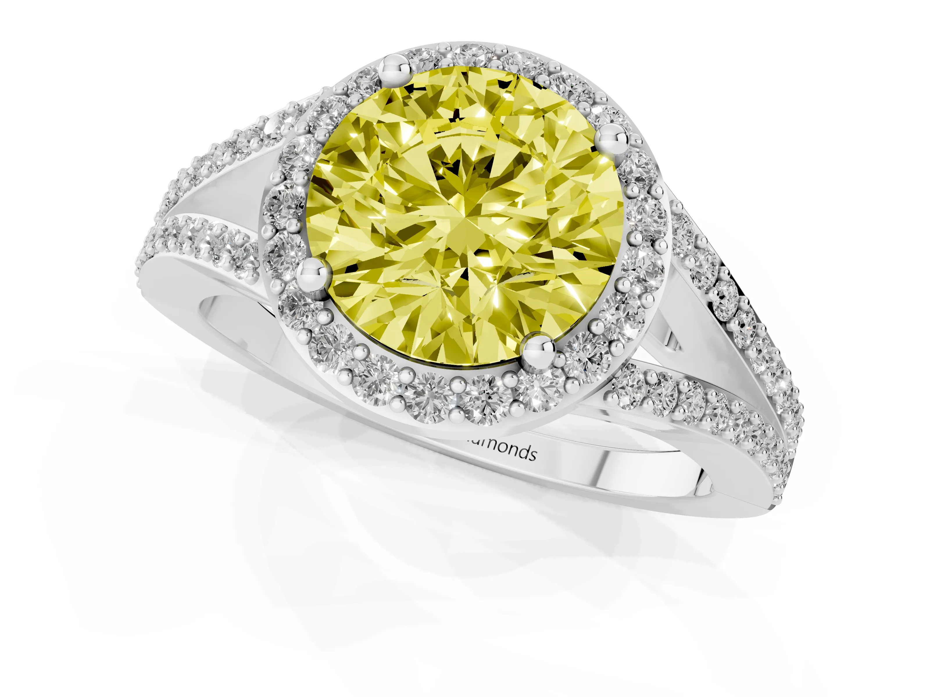 Fancy Yellow Round Cut Diamond Halo Split Shank Pavé Ring Set in White gold with Prong Setting