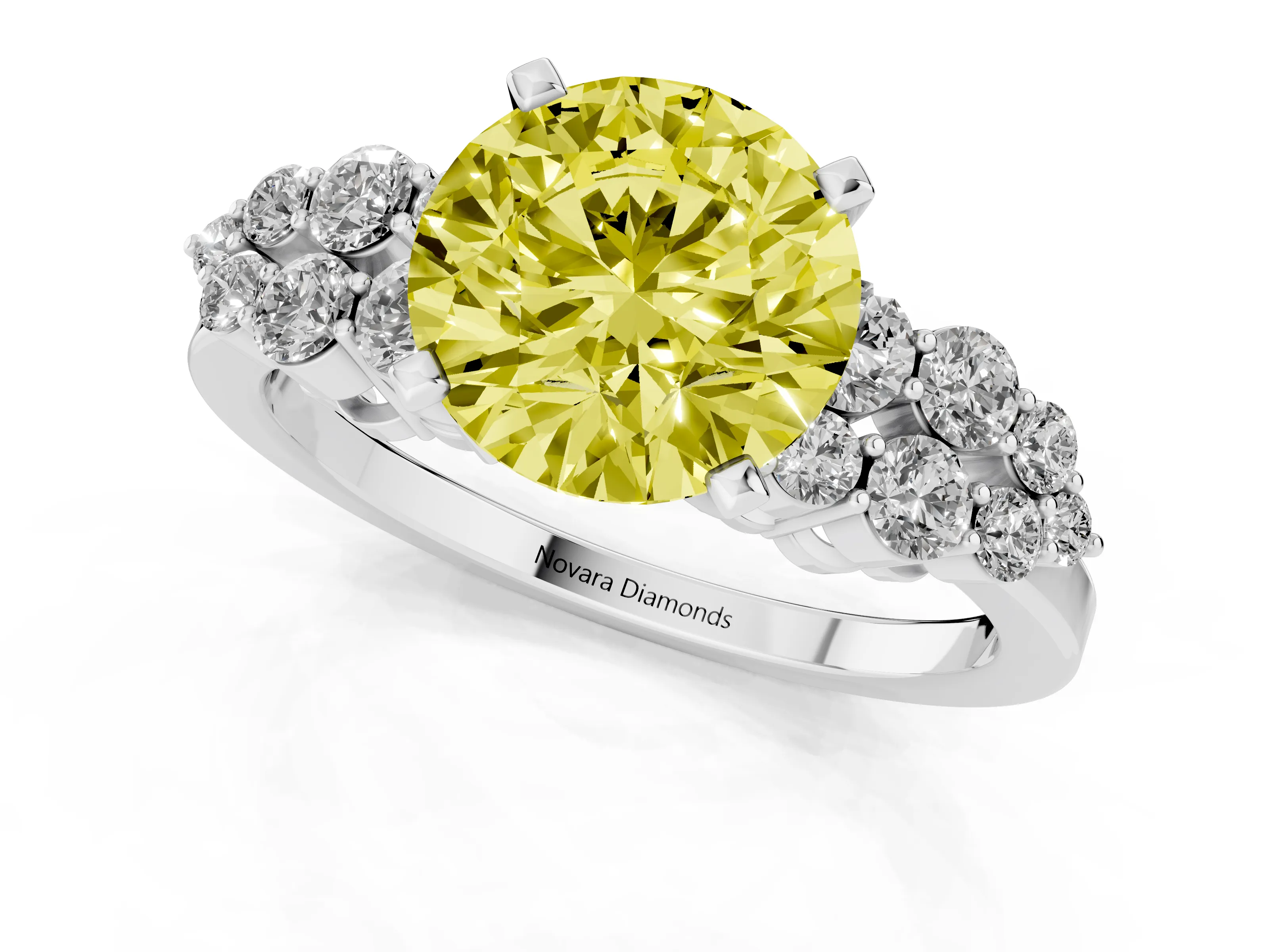 Fancy Yellow Round Cut Diamond Cluster Engagement Ring Set in Silver with Pavé Band and Prong Setting
