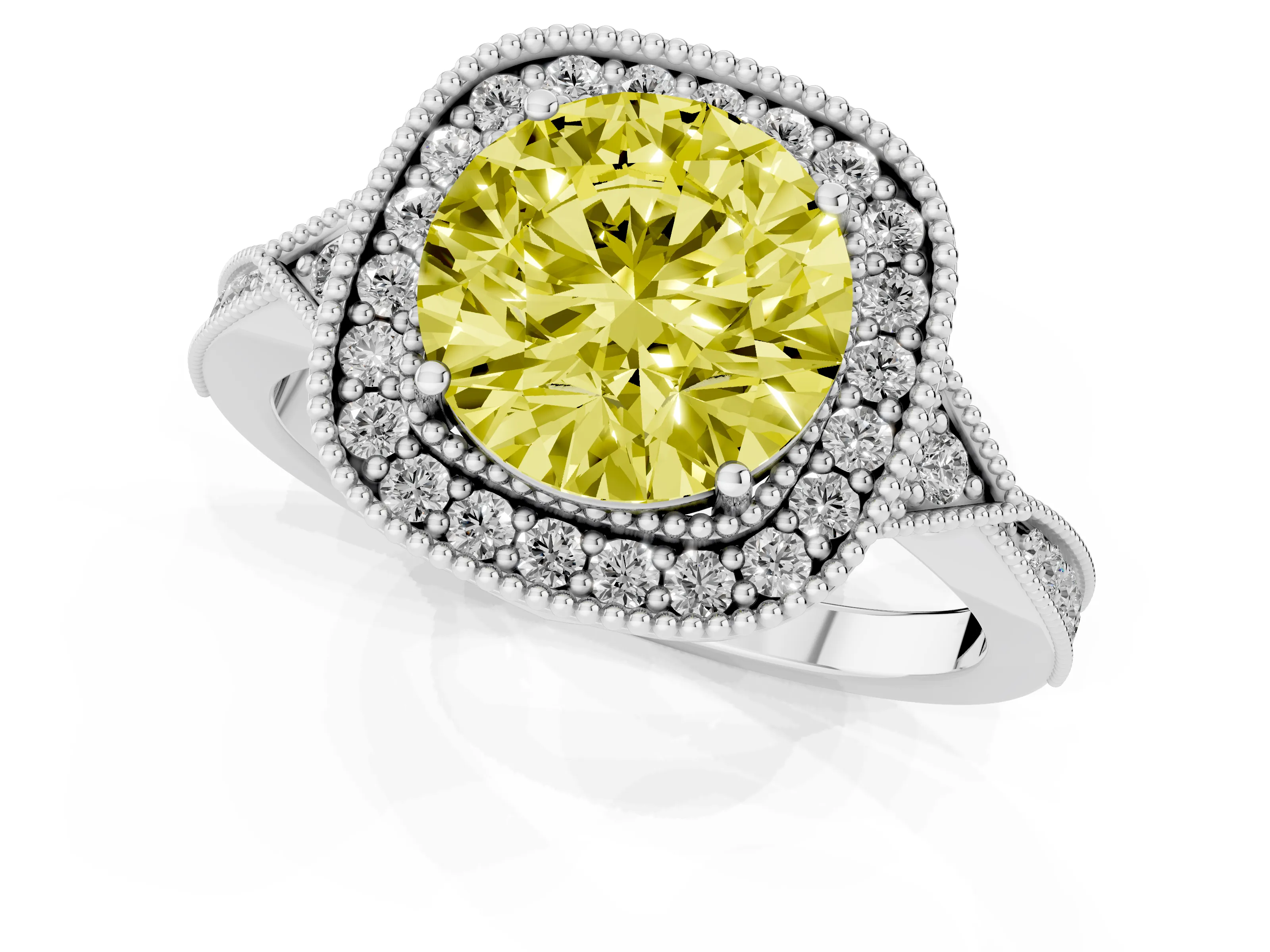 Fancy Yellow Round Cut Diamond Halo Engagement Ring Set in Platinum with Milgrain Pavé Band