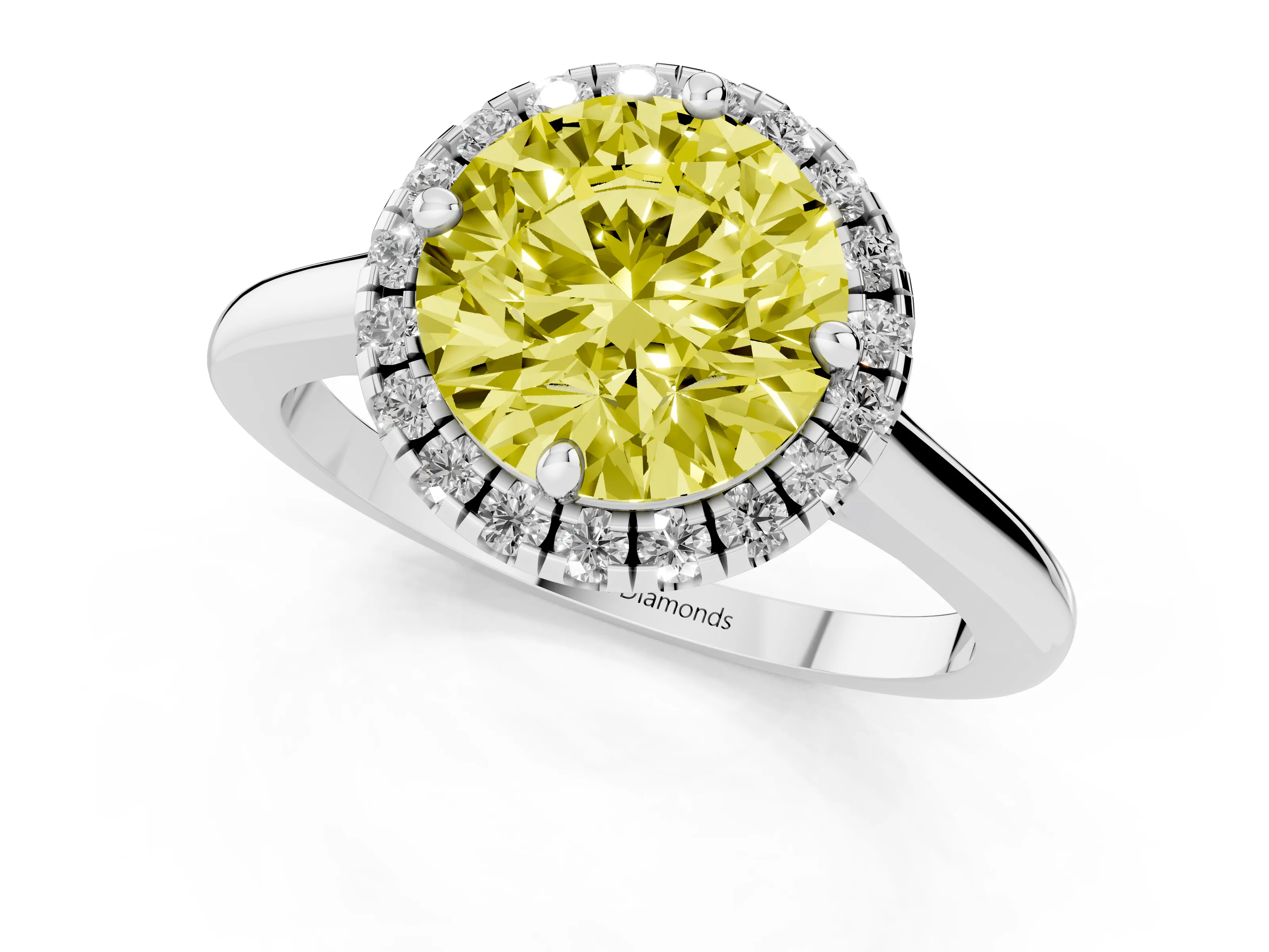Fancy Yellow Round Cut Diamond Halo Engagement Ring Set in Platinum with Pavé Band and Rising Shoulders