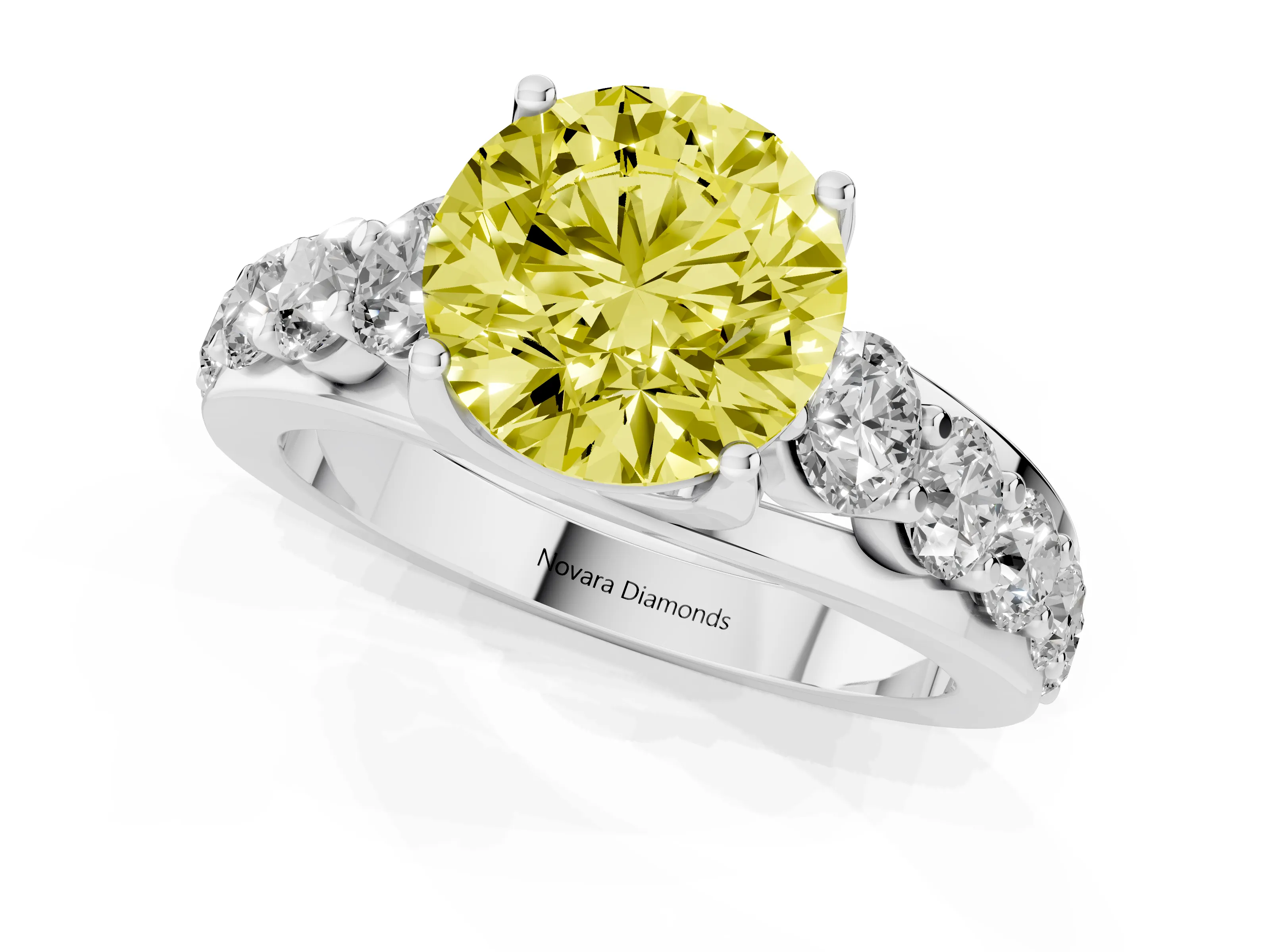 Fancy Yellow Round Cut Diamond Pavé Engagement Ring Set in Silver with Prong Setting