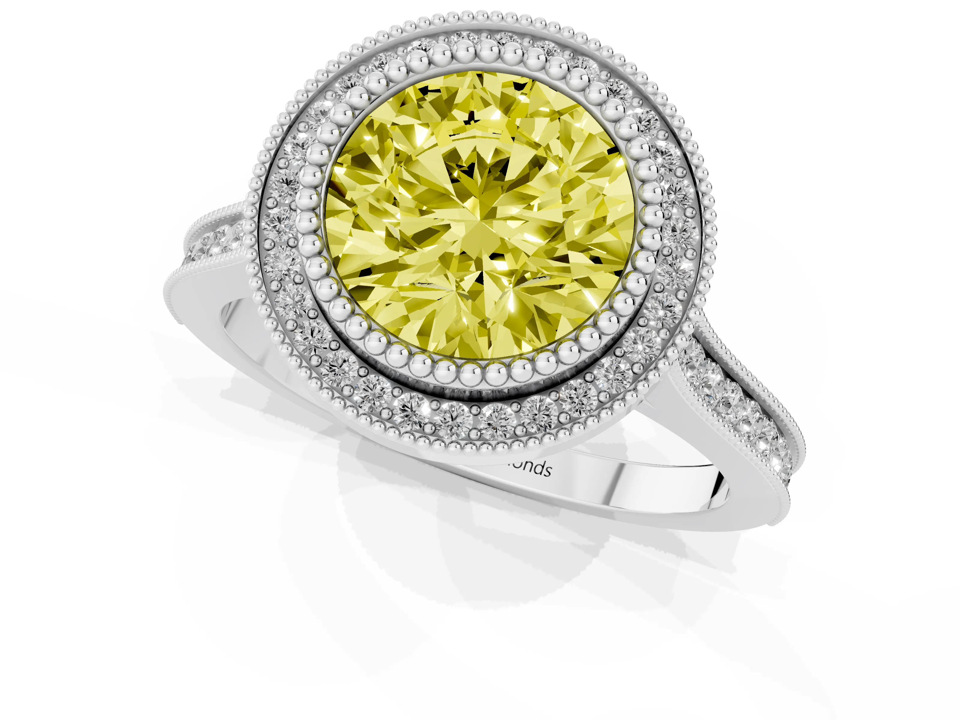 Fancy Yellow Round Cut Diamond Halo Ring Set in Silver with Milgrain Frame and Pavé Band