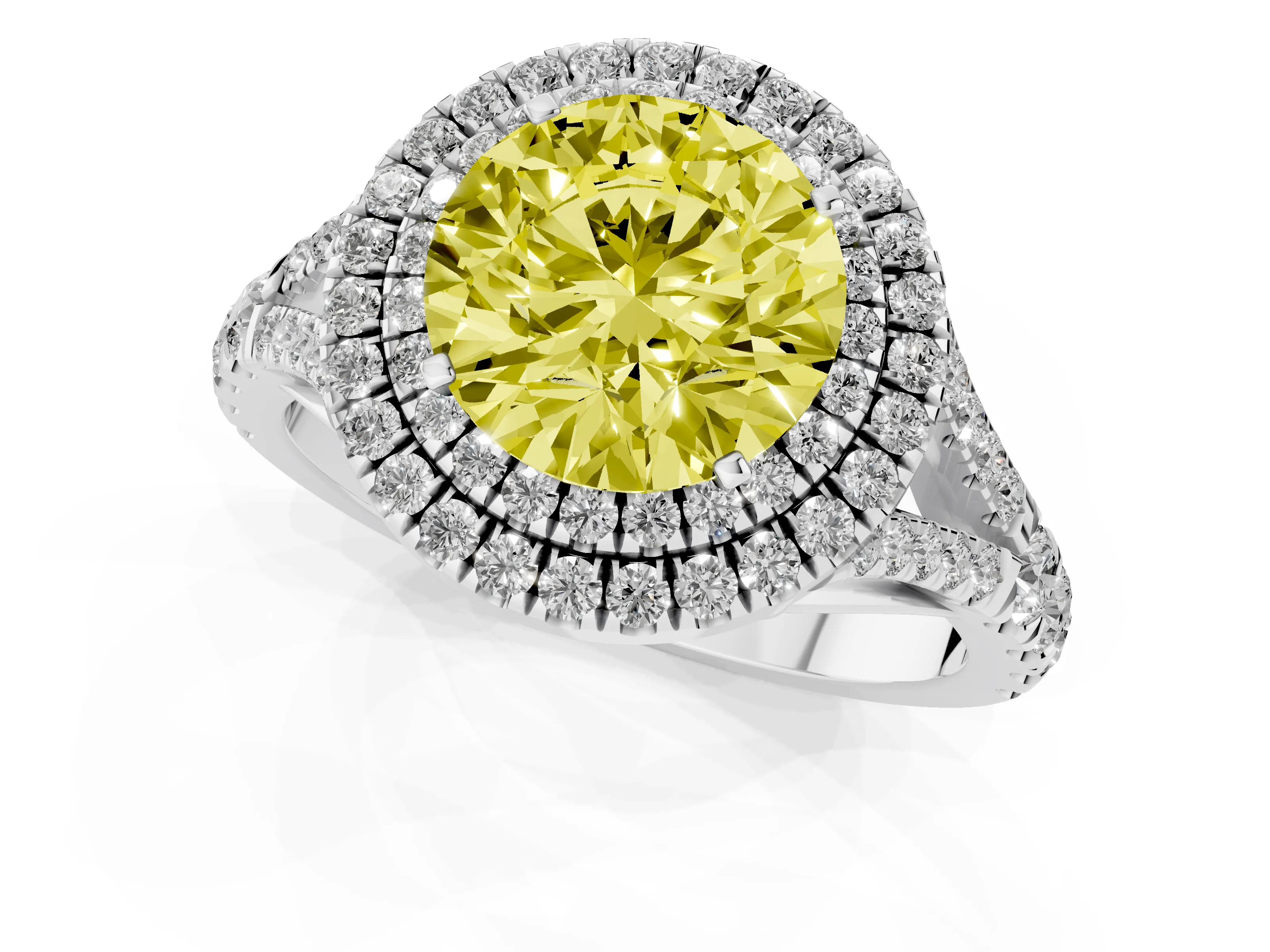 Fancy Yellow Round Cut Diamond Pavé Split Shank Double Halo Engagement Ring Set in Silver