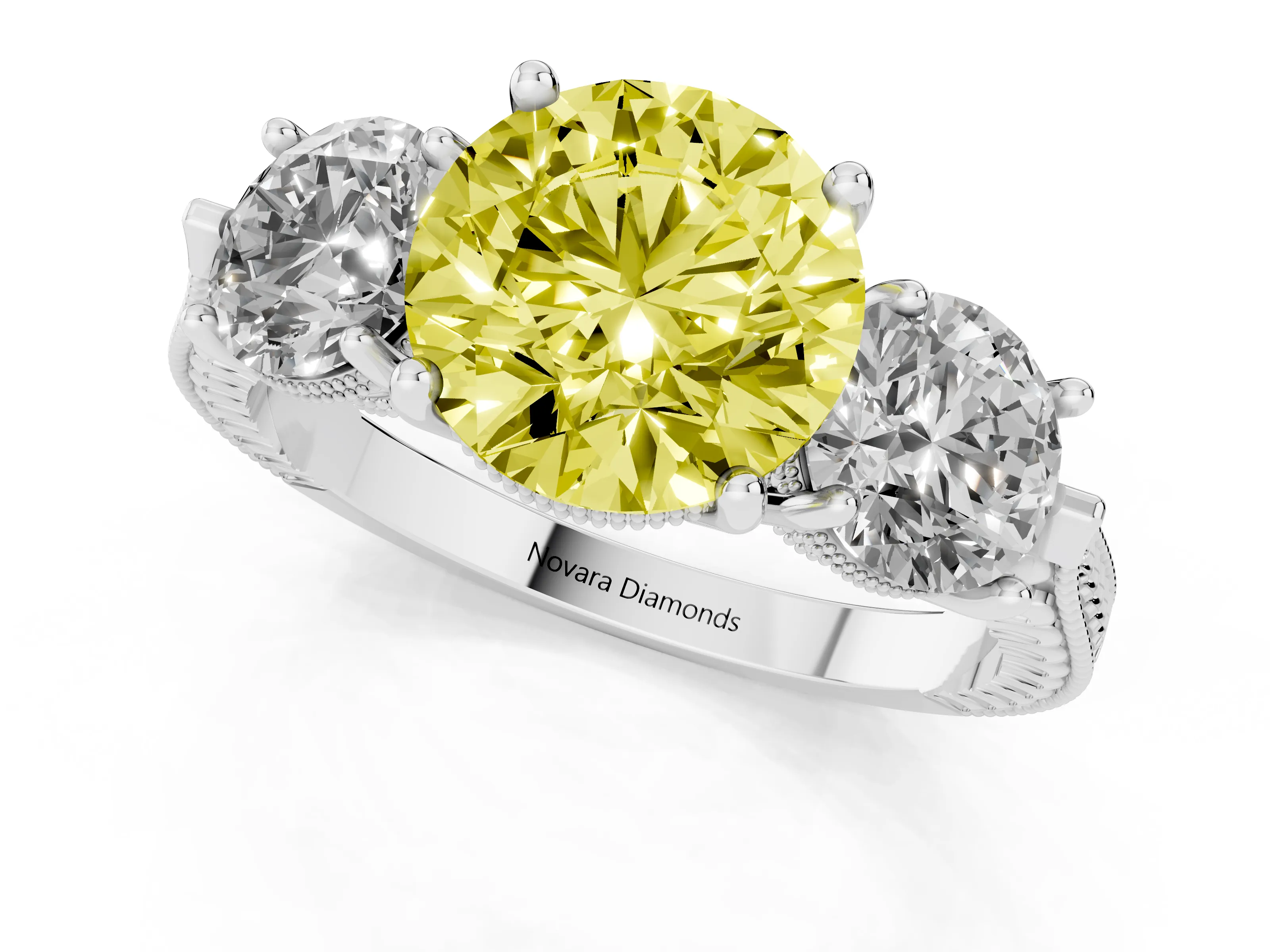 Fancy Yellow Round Cut Diamond Three-Stone Ring Set in Silver with Milgrain Band
