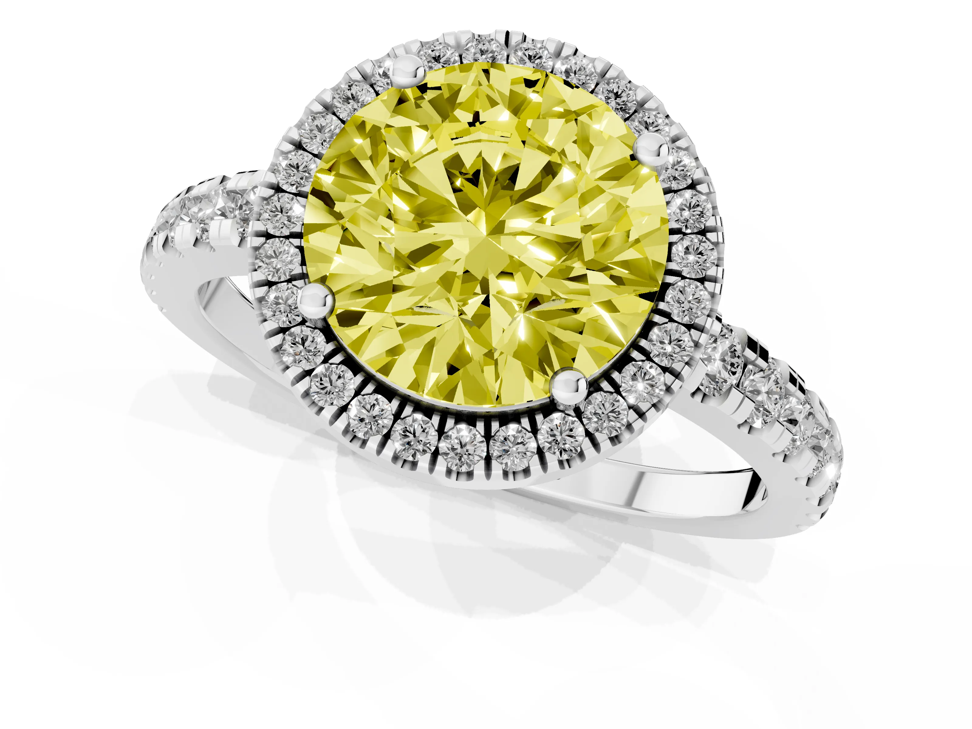 Fancy Yellow Round Cut Diamond Halo Ring Set in Silver with Delicate Pavé Band and Prong Setting