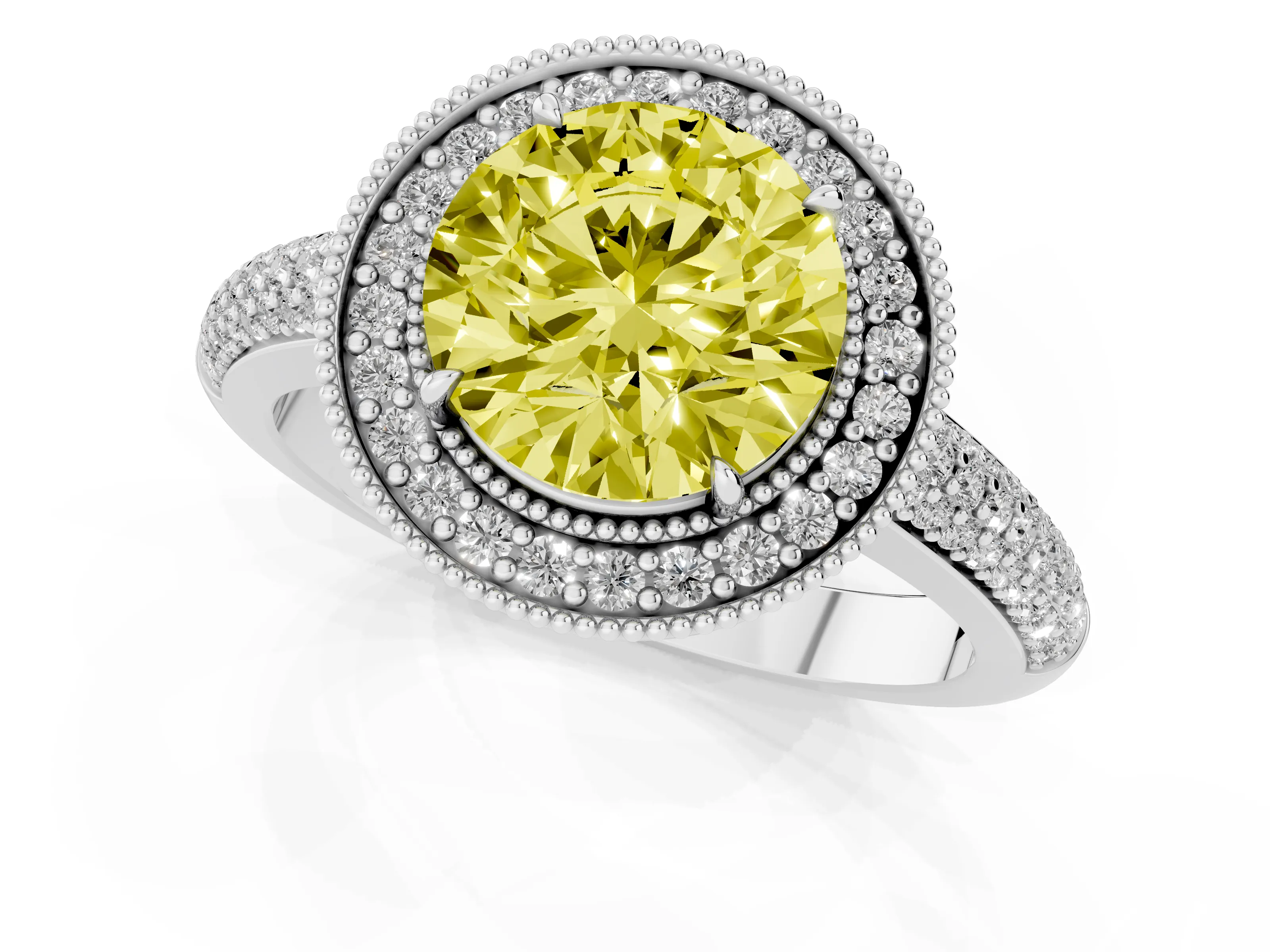 Fancy Yellow Round Cut Diamond Halo Pavé Band Set in Silver with Prong Setting