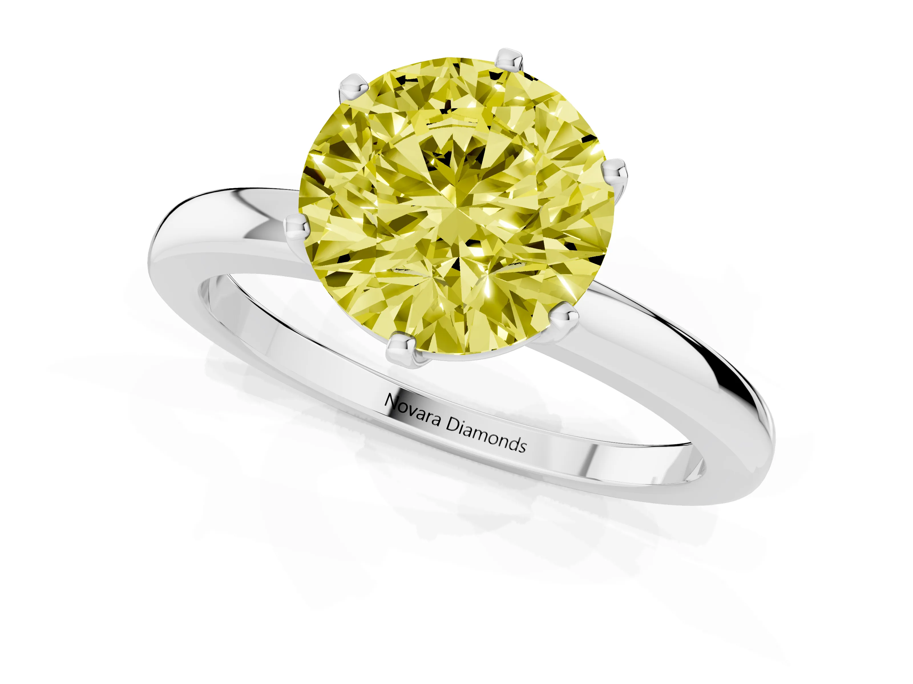 Fancy Yellow Round Cut Diamond Solitaire Ring Set in Platinum with Raised Prong Setting on a Classic Band