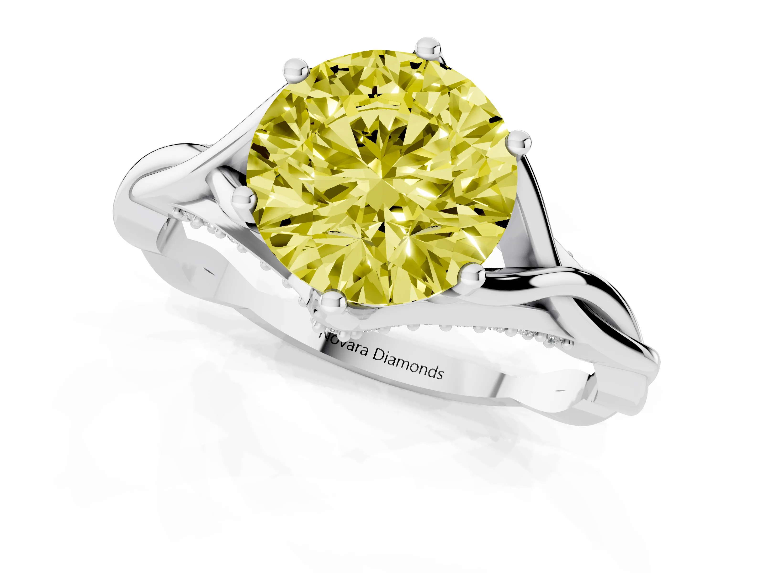 Fancy Yellow Round Cut Diamond Intertwined Twist Band Solitaire Ring Set in White gold with Prong Setting