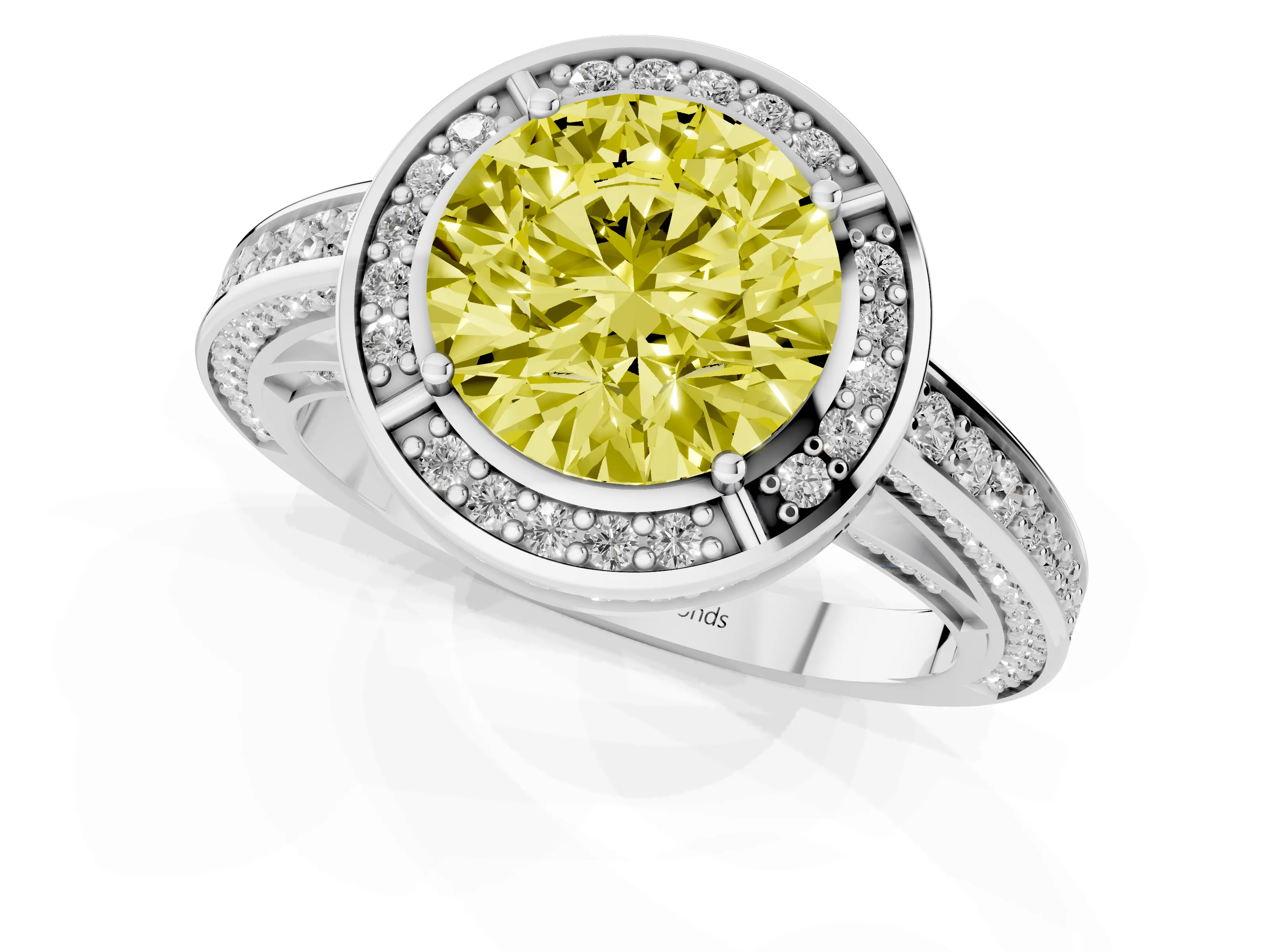 Fancy Yellow Round Cut Diamond Halo Pavé Split Shank Ring Set in White gold with Prong Setting