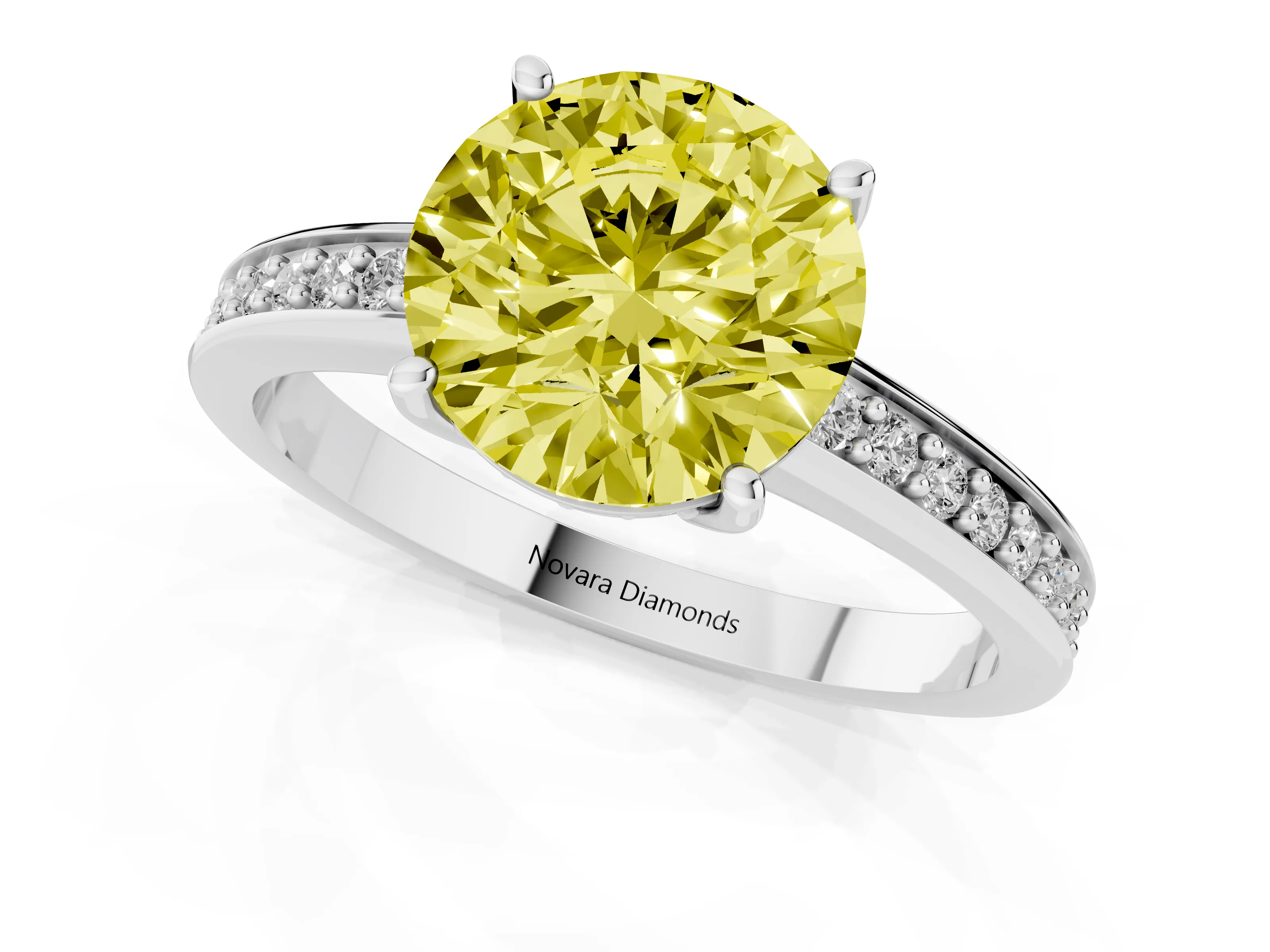 Fancy Yellow Round Cut Diamond Pavé Band Prong Set Solitaire Ring Set in Platinum
