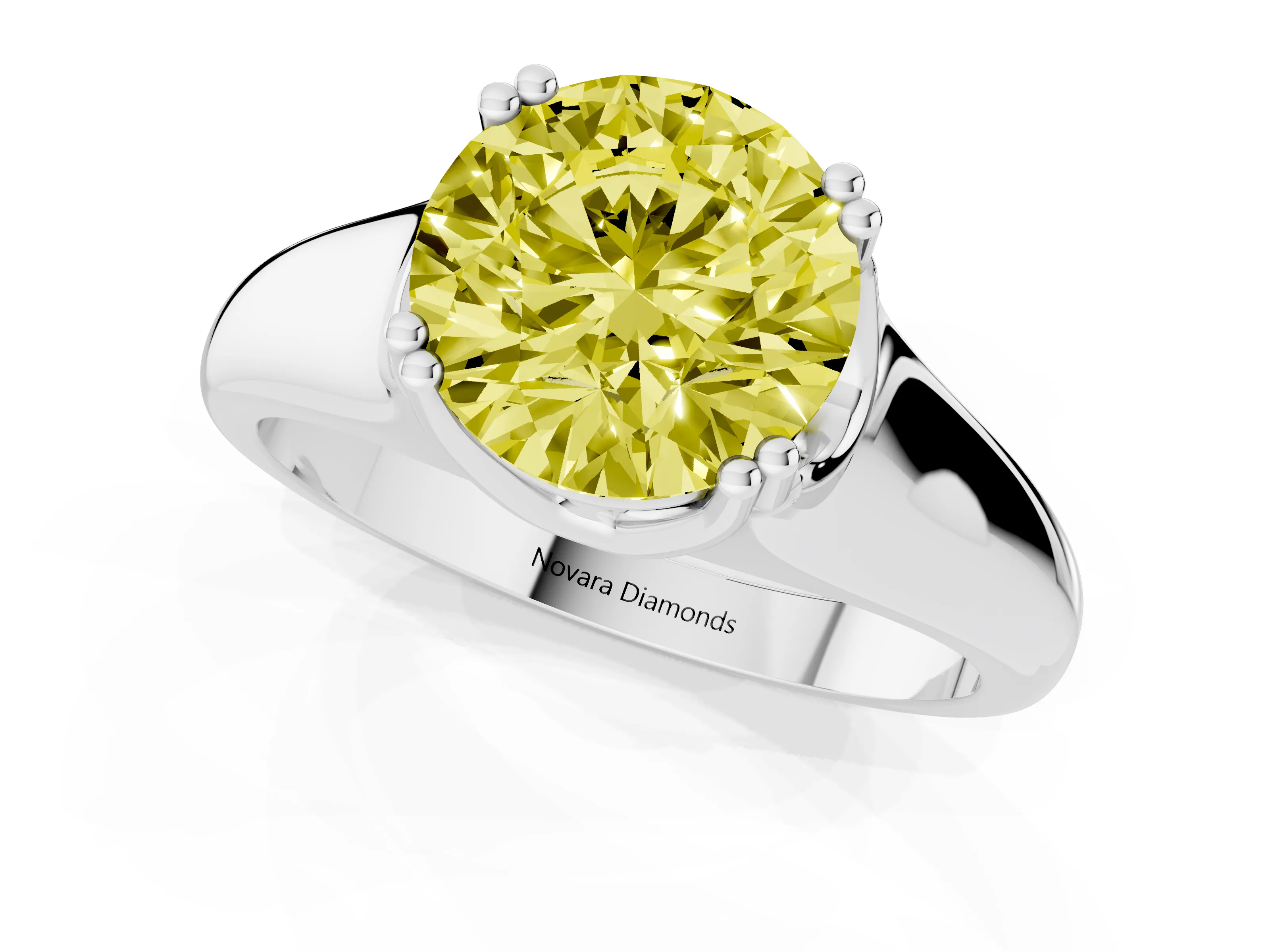Fancy Yellow Round Cut Diamond Solitaire Ring Set in Platinum with Wide Band and Prong Setting