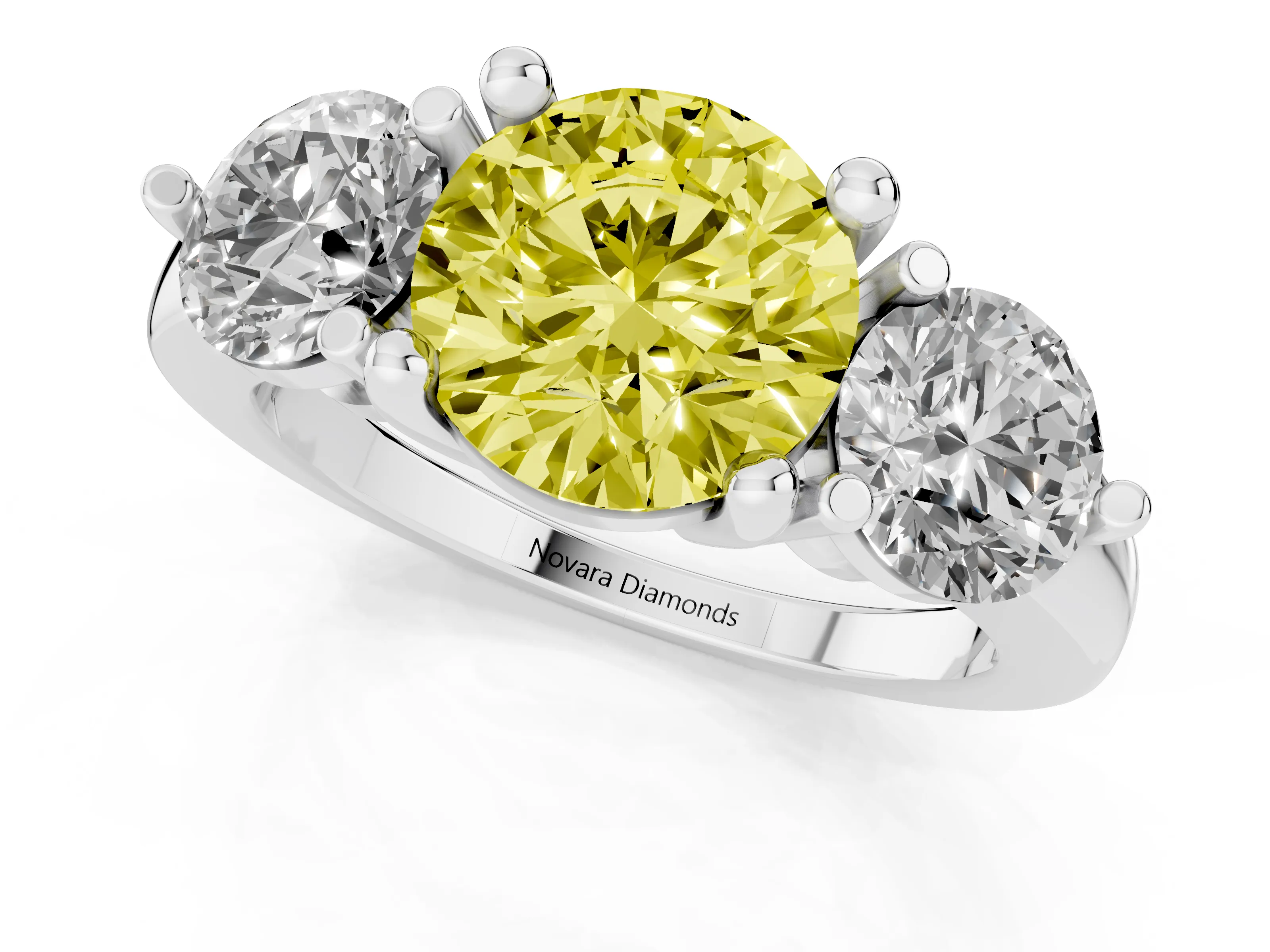 Fancy Yellow Round Cut Diamond Three-Stone Ring Set in Platinum with Prong Setting and Classic Band
