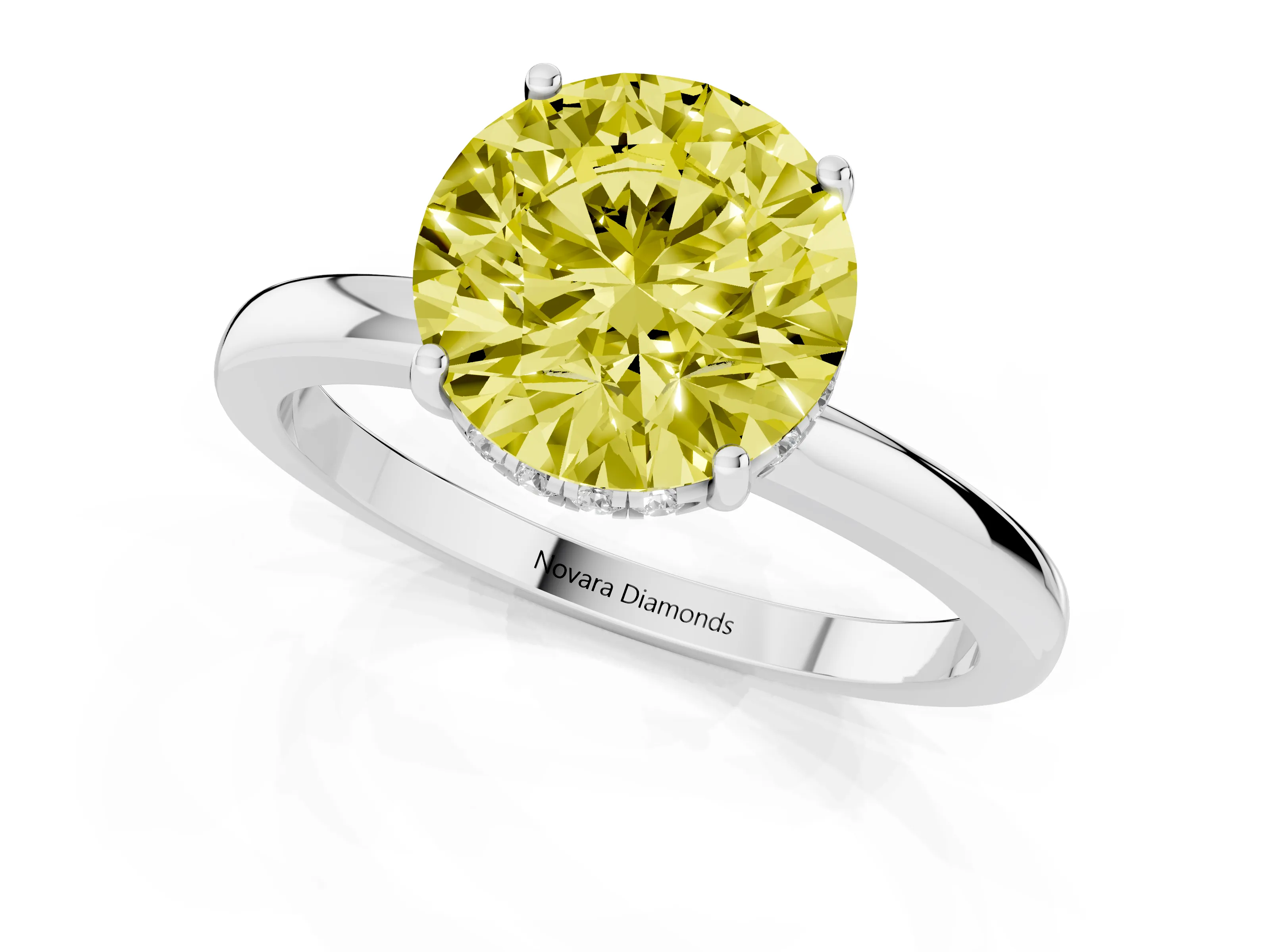 Fancy Yellow Round Cut Diamond Solitaire Ring Set in Platinum with Plain Band and Prong Setting