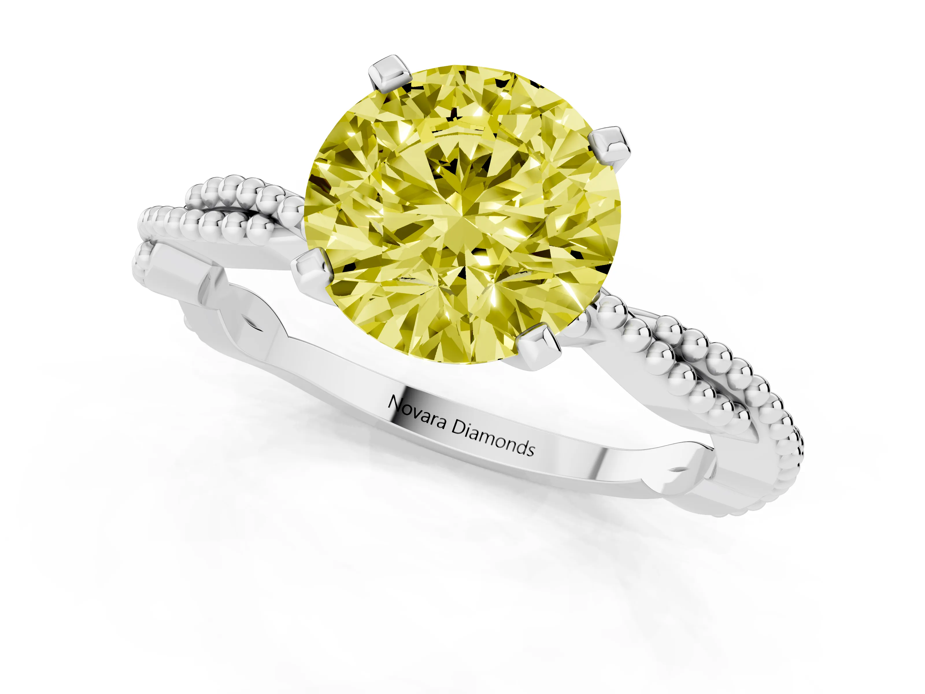Fancy Yellow Round Cut Diamond Solitaire Ring Set in Silver with Twisted Band and Bead Prong Setting