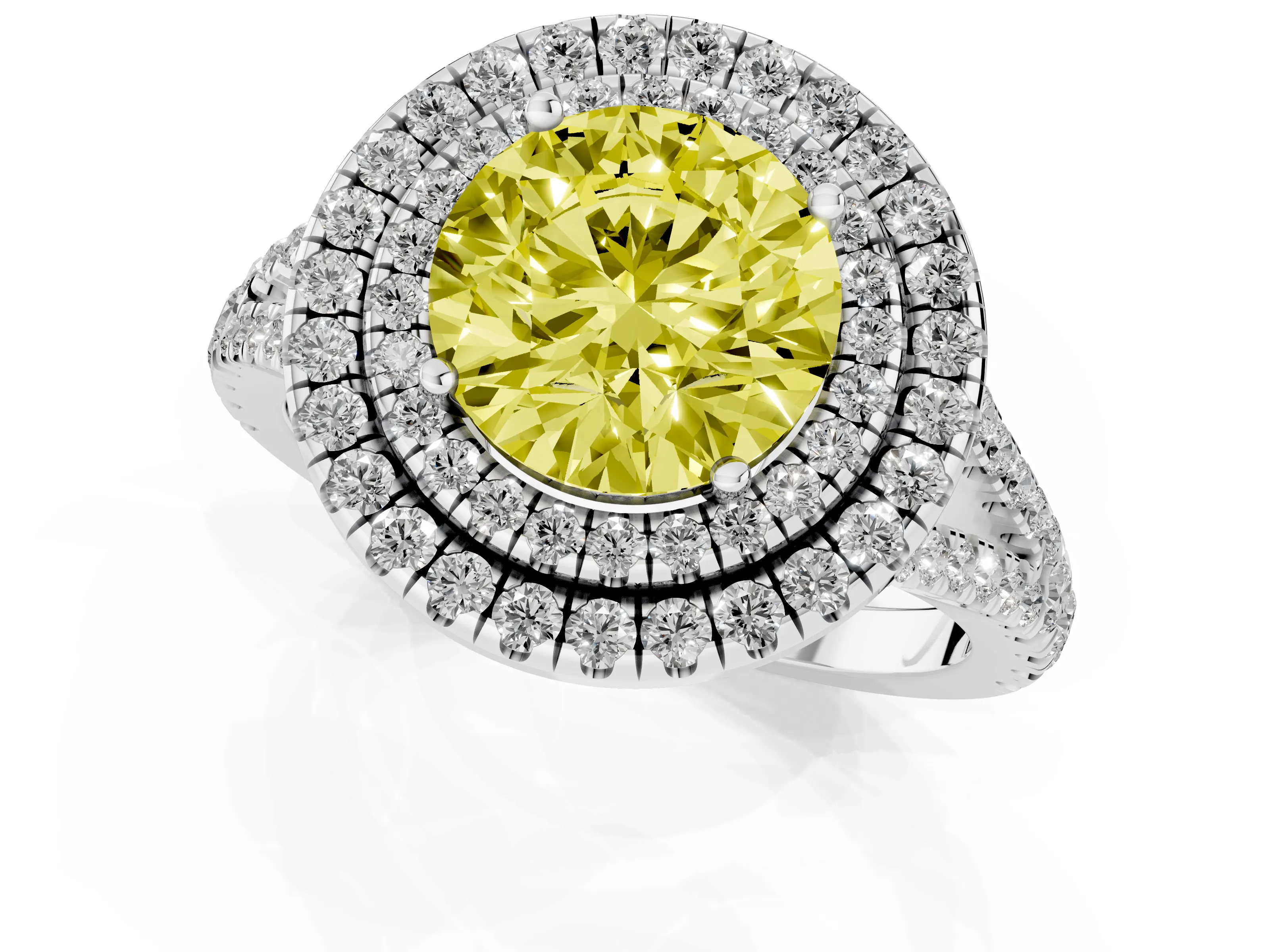 Fancy Yellow Round Cut Diamond Double Halo Ring Set in White gold with Pavé Band
