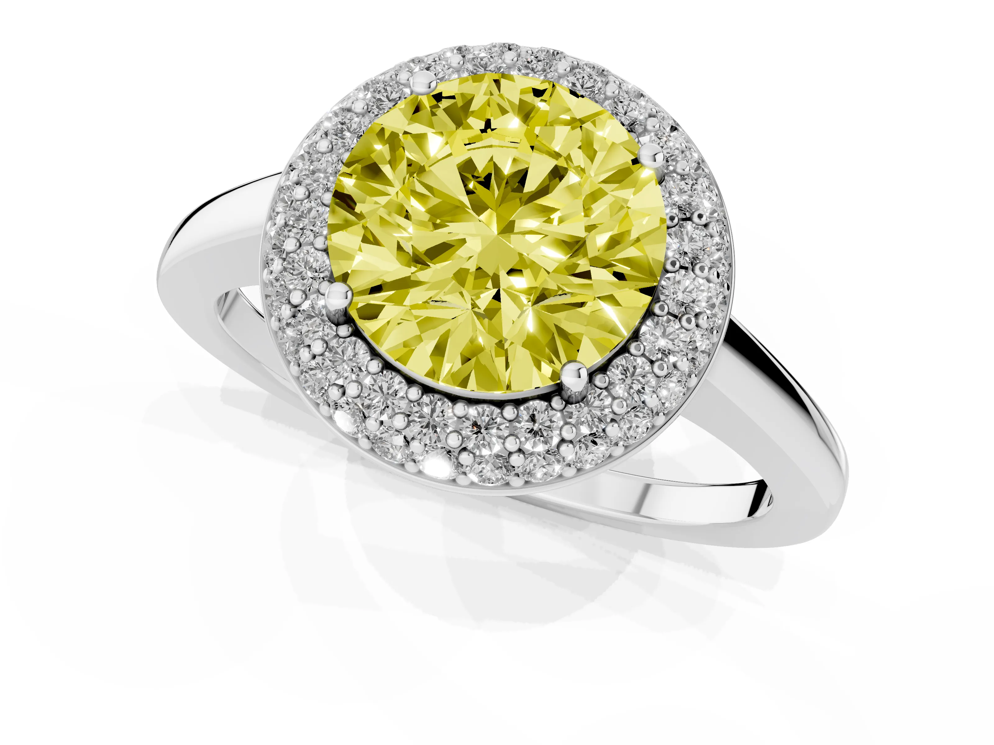 Fancy Yellow Round Cut Diamond Halo Engagement Ring Set in White gold with Solitaire Band and Prong Setting
