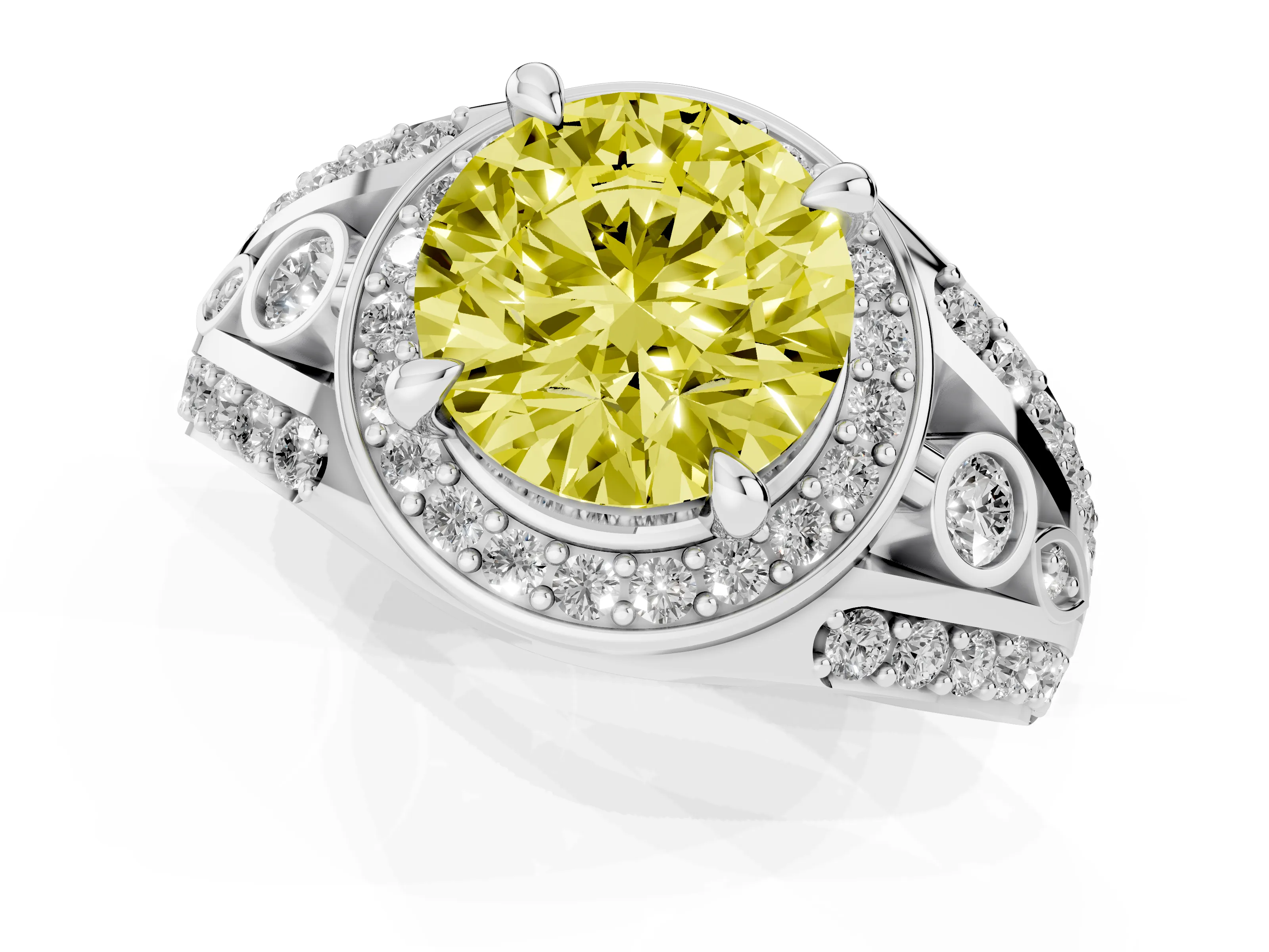 Fancy Yellow Round Cut Diamond Halo Ring Set in Silver with Pavé Split Shank and Bezel Accents