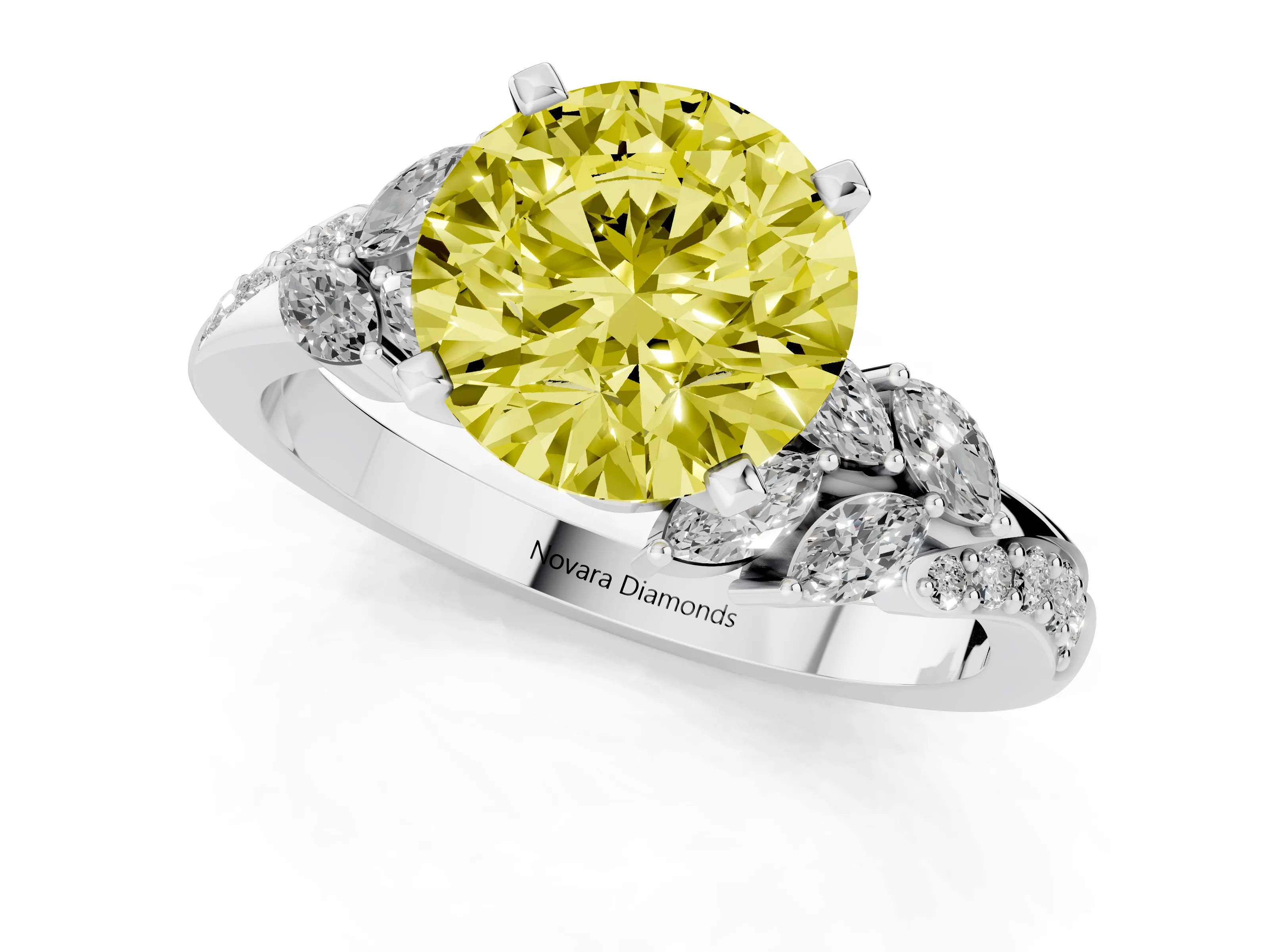 Fancy Yellow Round Cut Diamond Solitaire Ring Set in Silver with Marquise Twist Band and Prong Setting