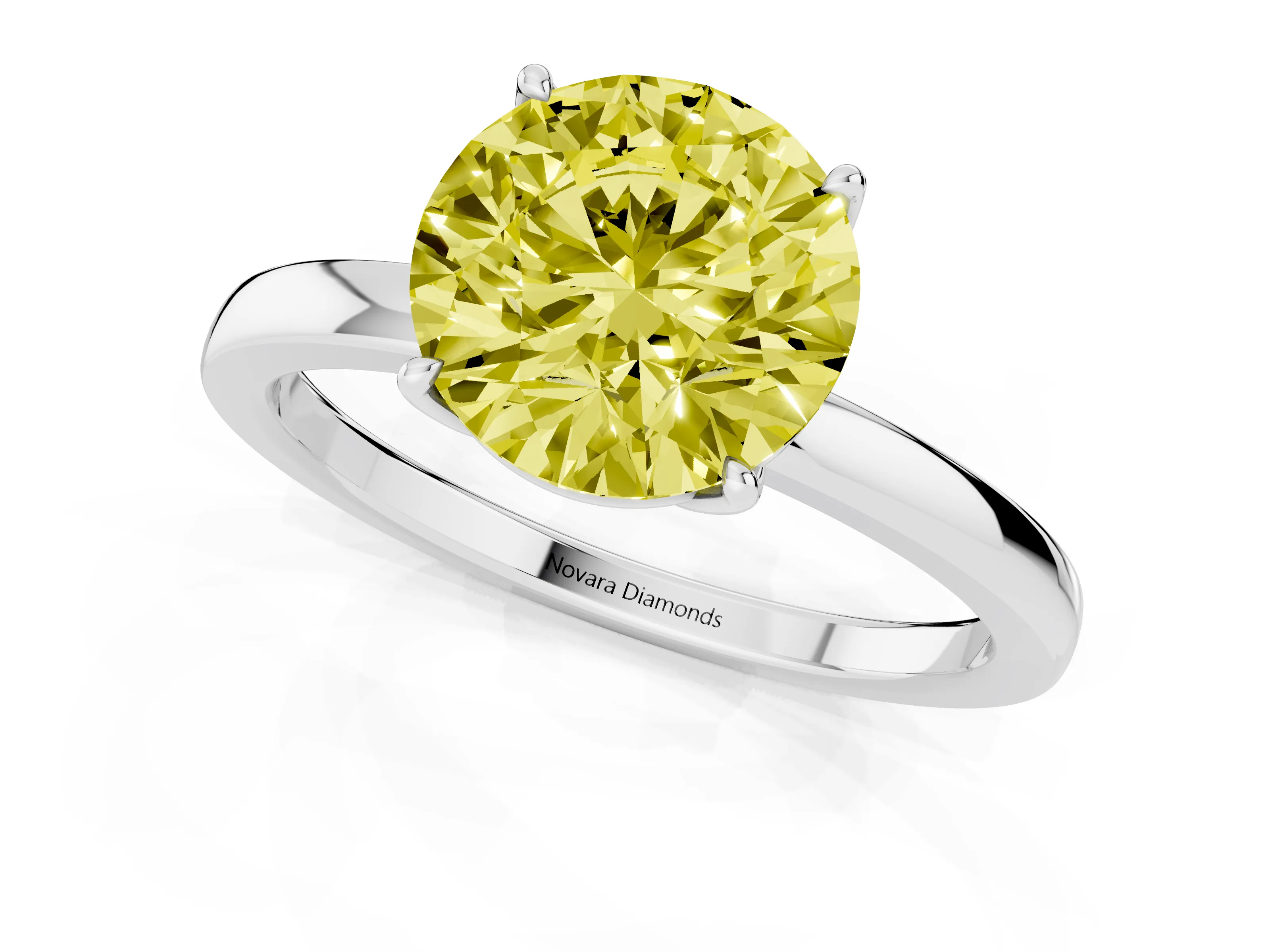 Fancy Yellow Round Cut Diamond Solitaire Ring Set in White gold with Prong Setting and Thin Polished Band