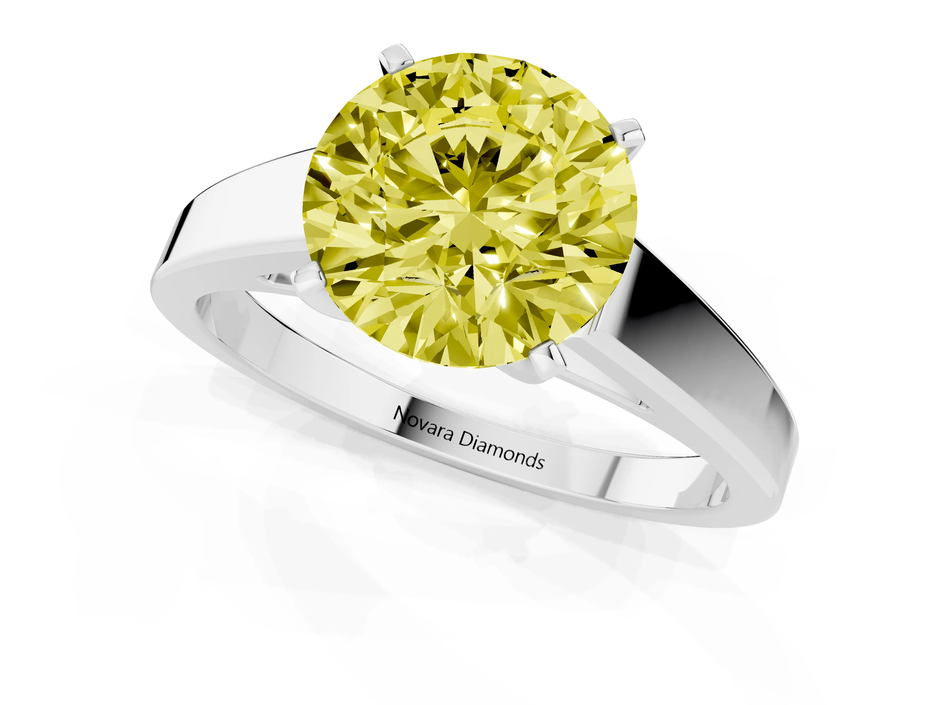 Fancy Yellow Round Cut Diamond Solitaire Engagement Ring Set in White gold with Prong Setting and Tapered Band