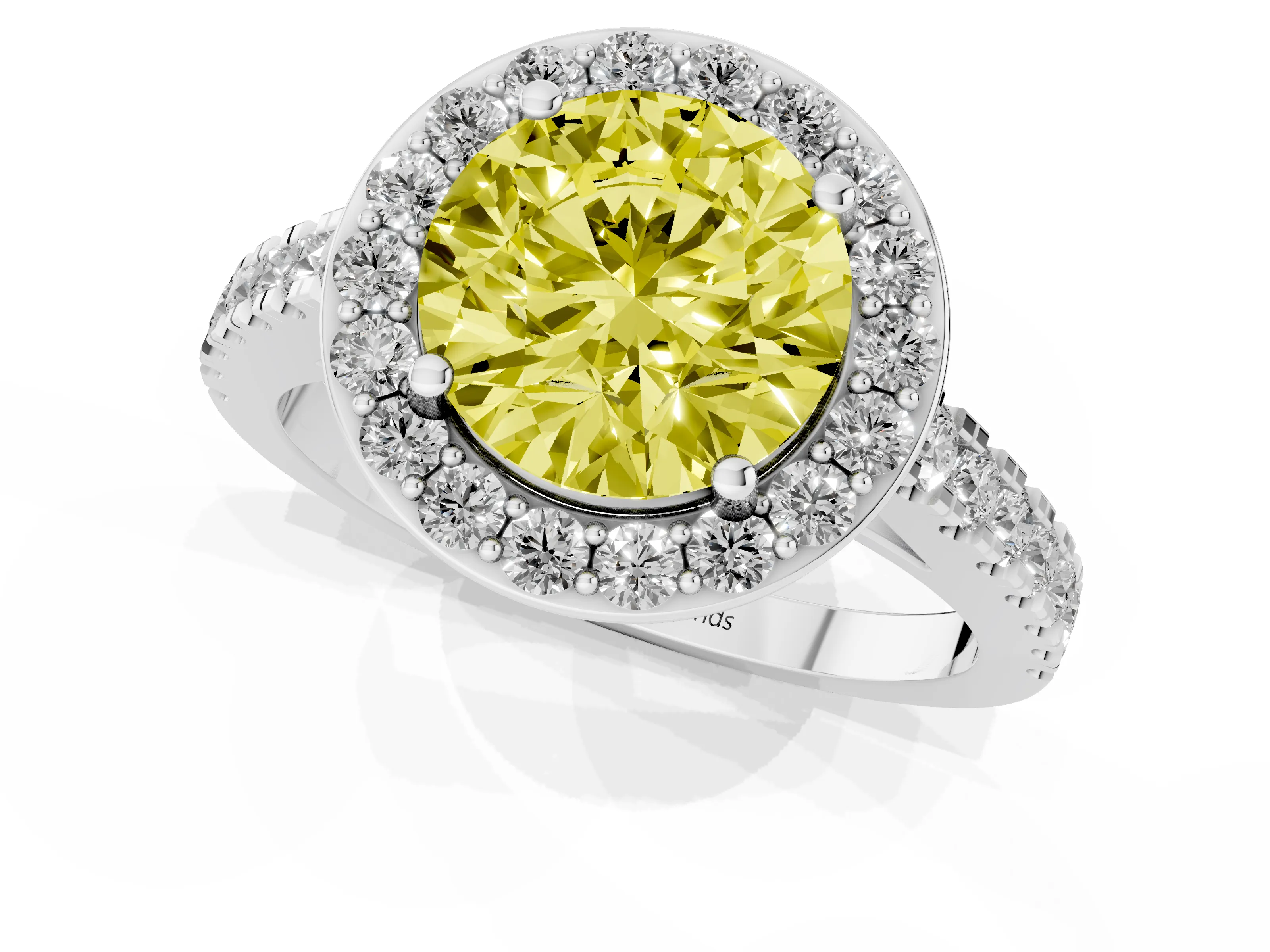 Fancy Yellow Round Cut Diamond Halo Ring Set in Platinum with Round Pavé Split Shank and Prong Setting