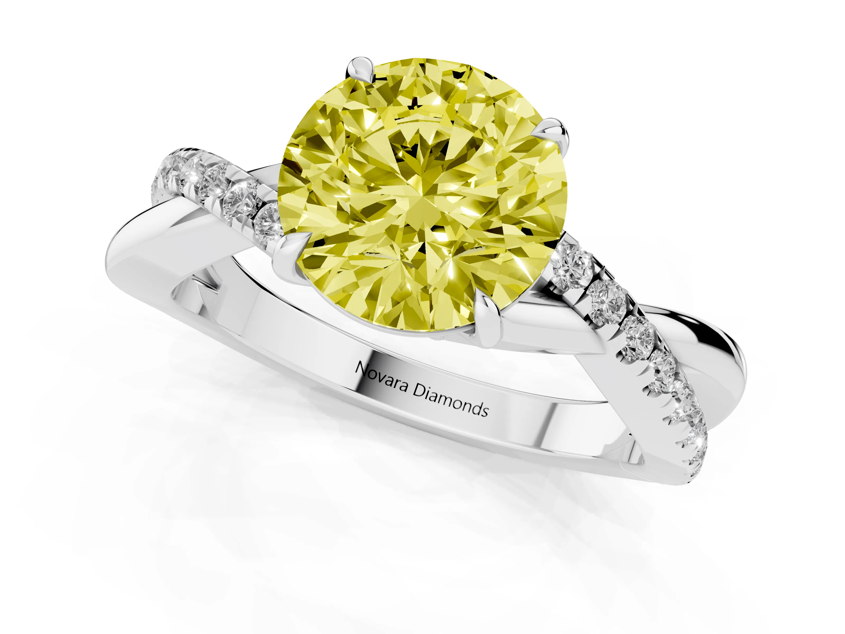 Fancy Yellow Round Cut Diamond Twisted Pavé Band Ring Set in Silver with Prong Setting