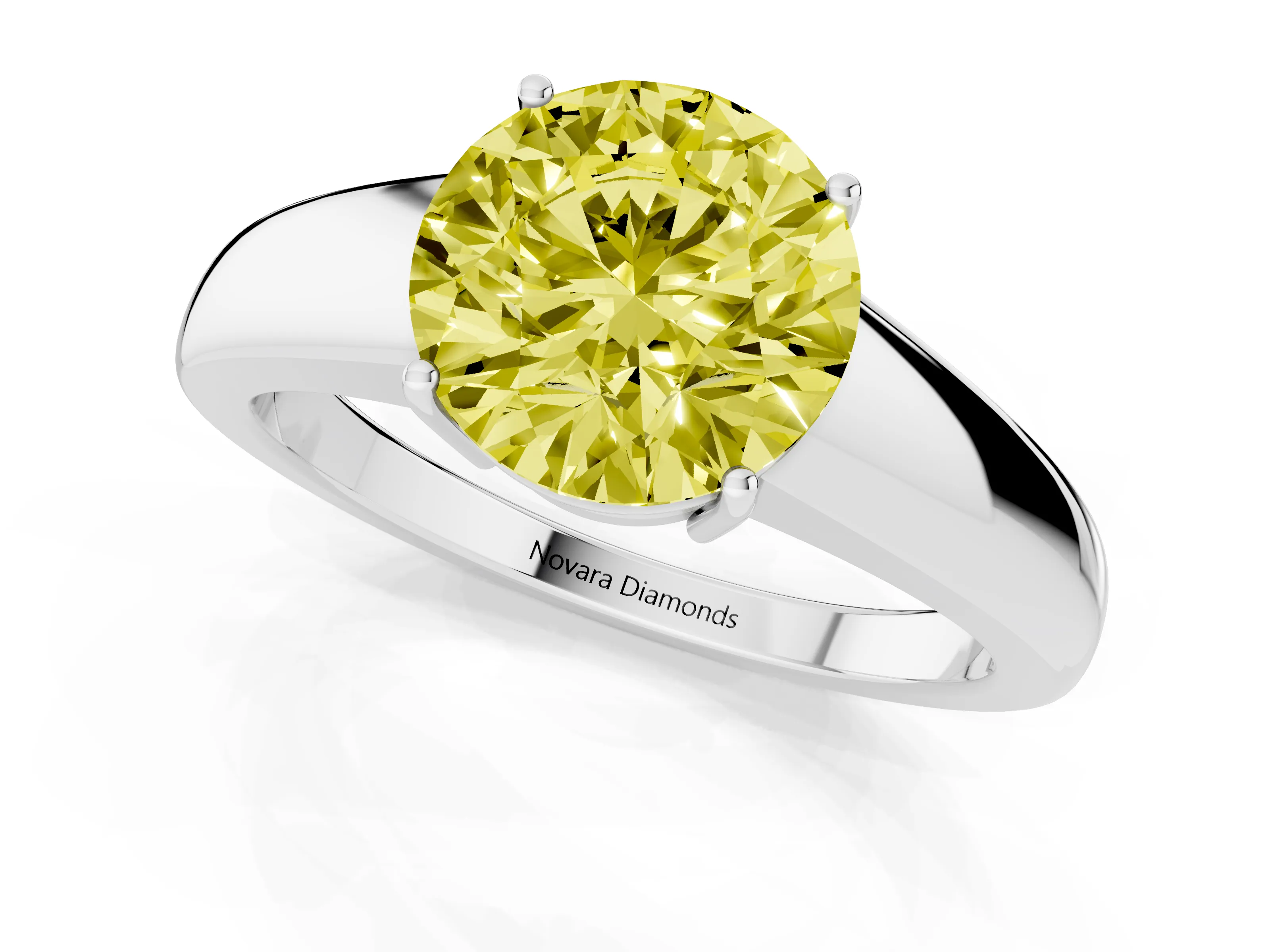 Fancy Yellow Round Cut Diamond Solitaire Ring Set in Silver with Tapered Band and Prong Setting