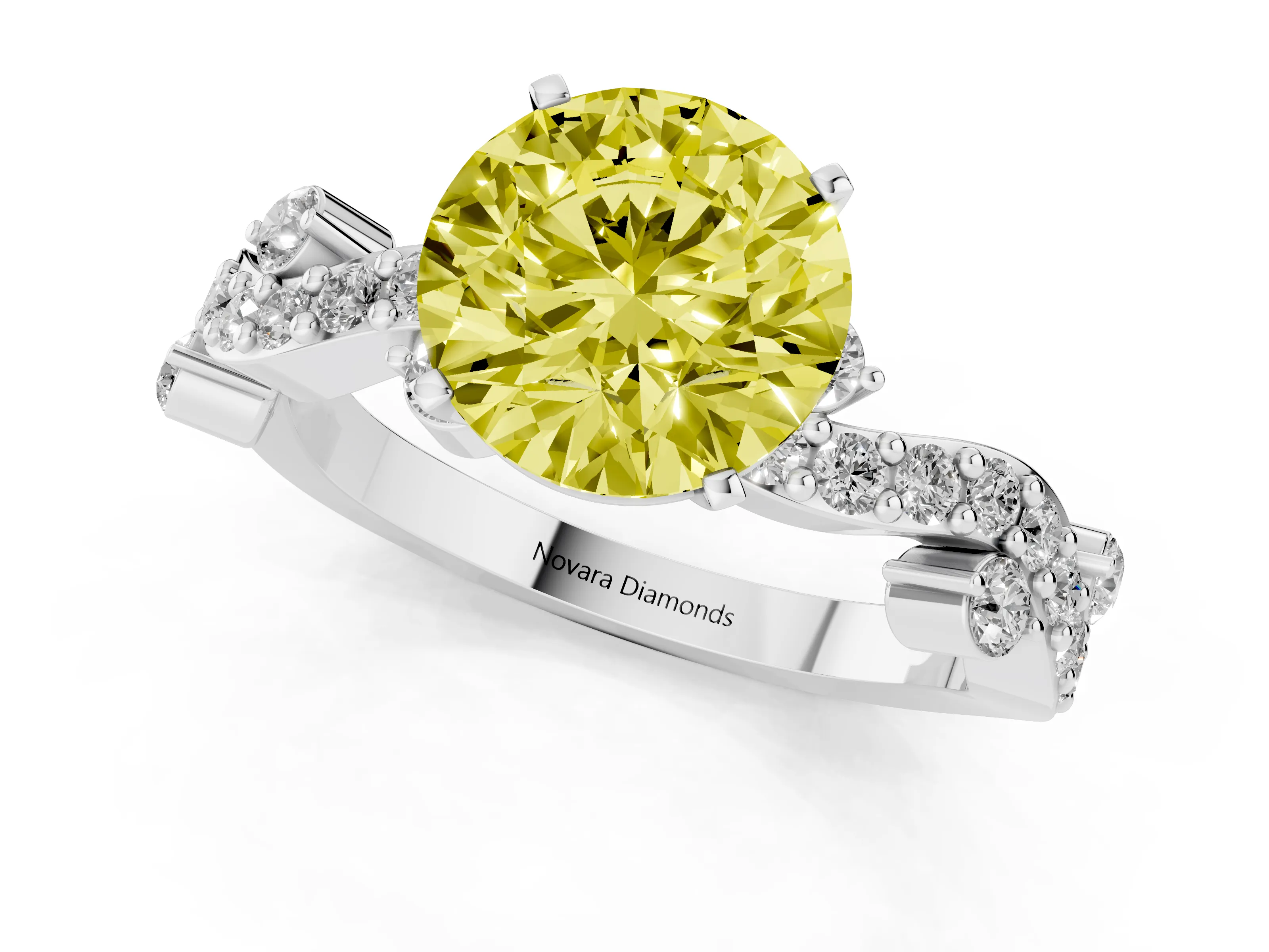 Fancy Yellow Round Cut Diamond Solitaire Twisted Band Set in Platinum with Pavé Setting