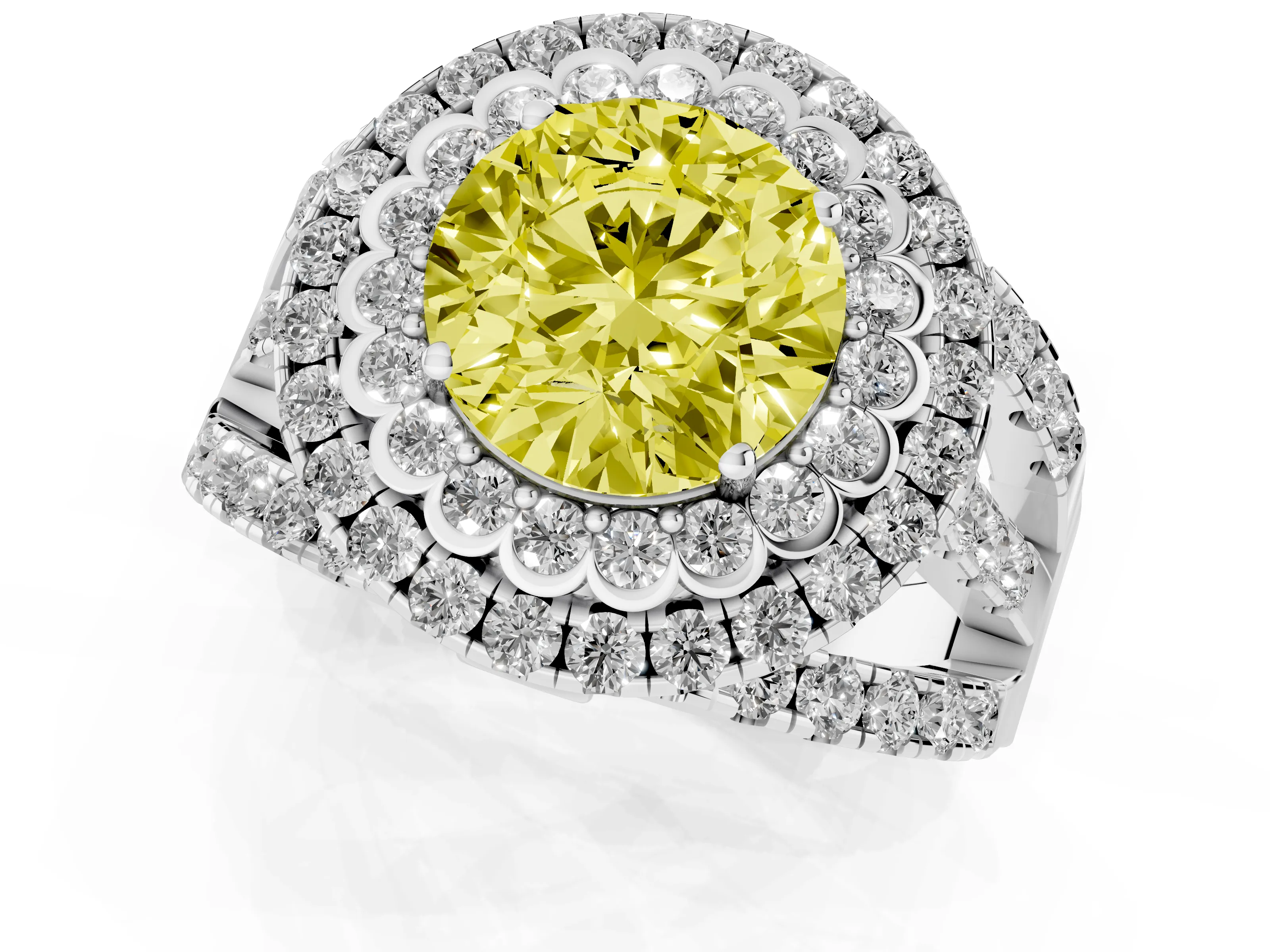 Fancy Yellow Round Cut Diamond Double Halo Ring Set in Silver with Round Pavé Split Shank