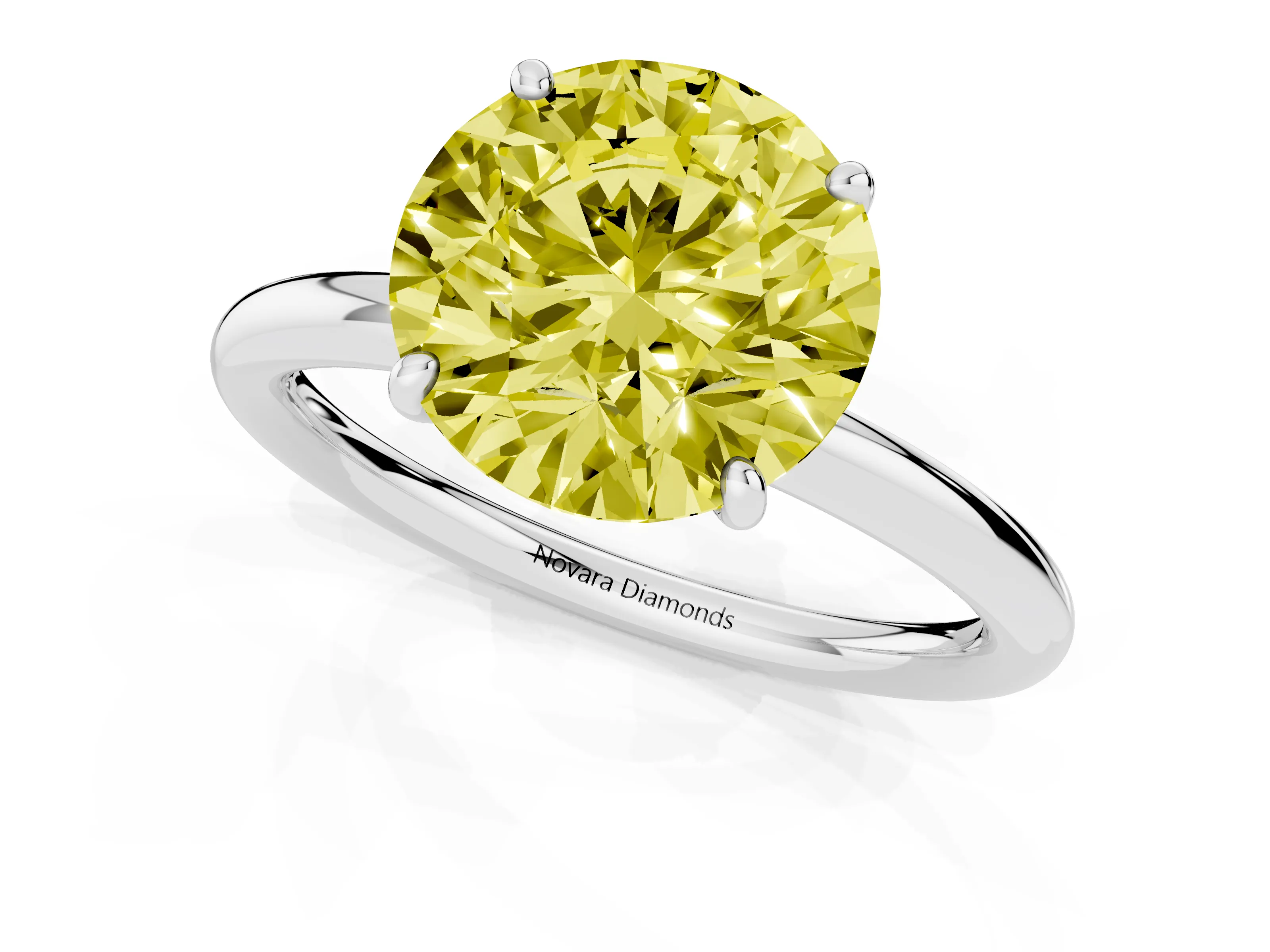 Fancy Yellow Round Cut Diamond Solitaire Ring Set in Platinum with Prong Setting on a Polished Plain Band