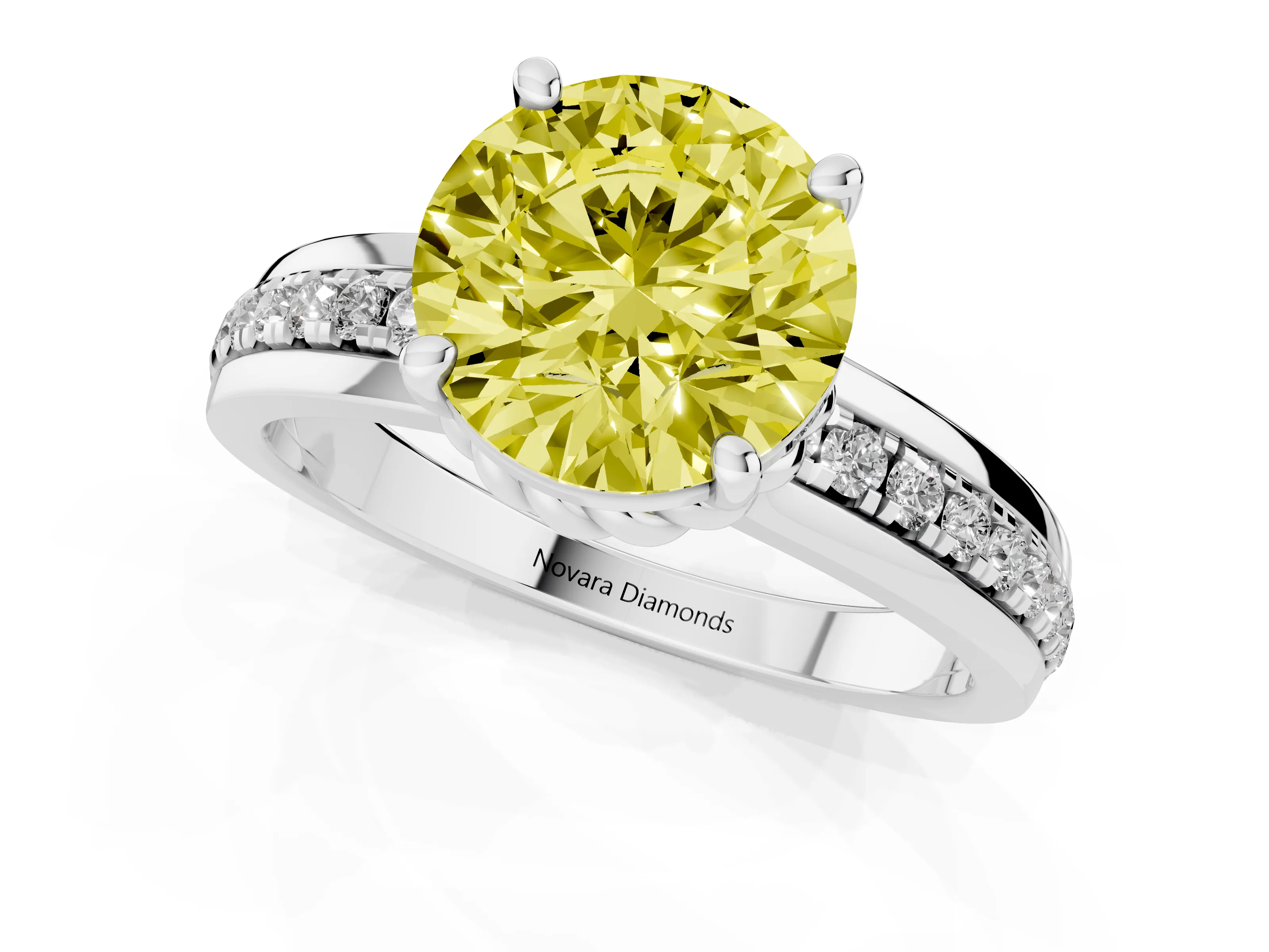 Fancy Yellow Round Cut Diamond Solitaire Ring Set in Silver with Channel Set Band and Prong Setting