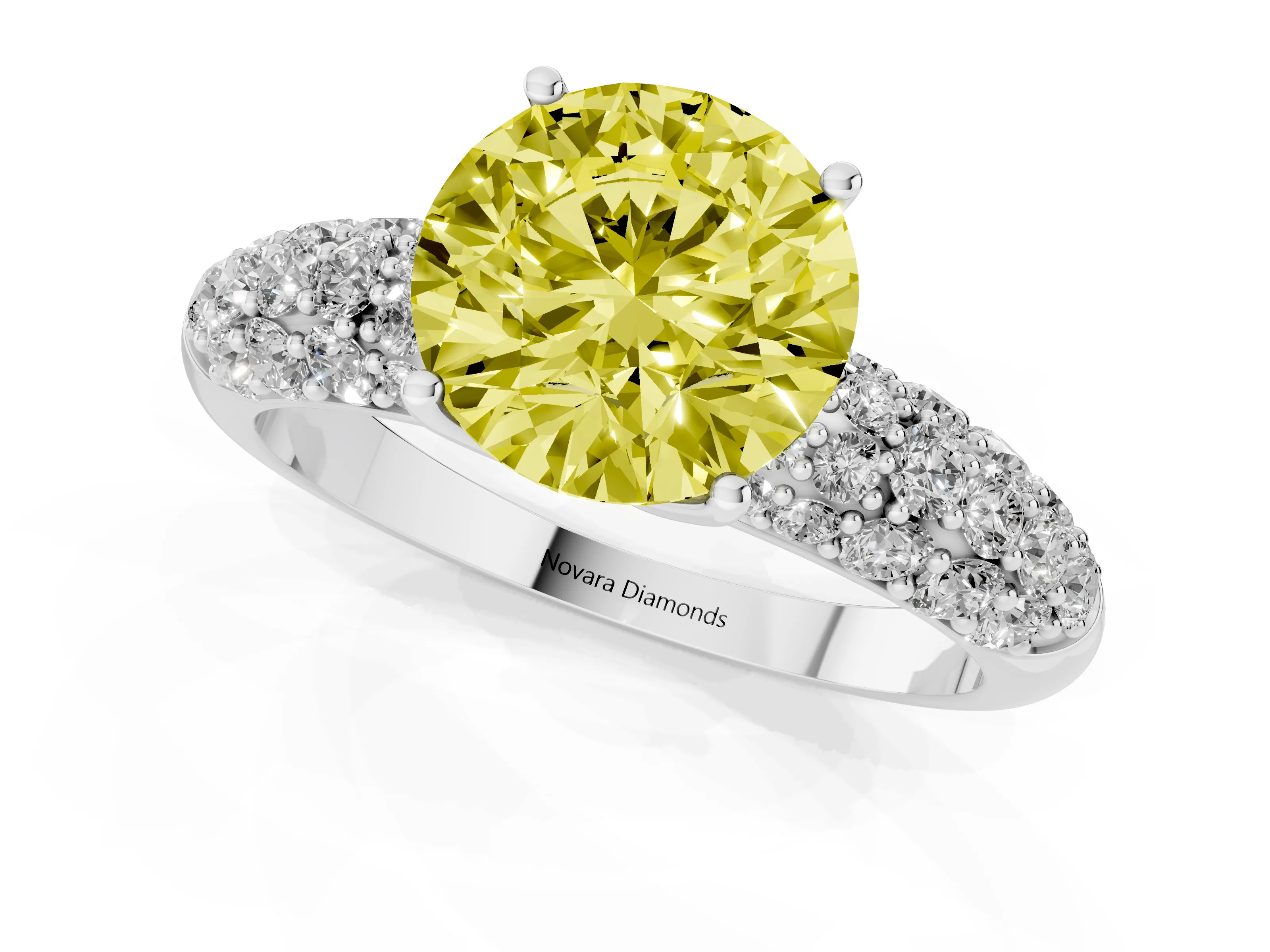 Fancy Yellow Round Cut Diamond Pavé Band Solitaire Ring Set in Silver with Close-Set Accent Stones and Prong Setting