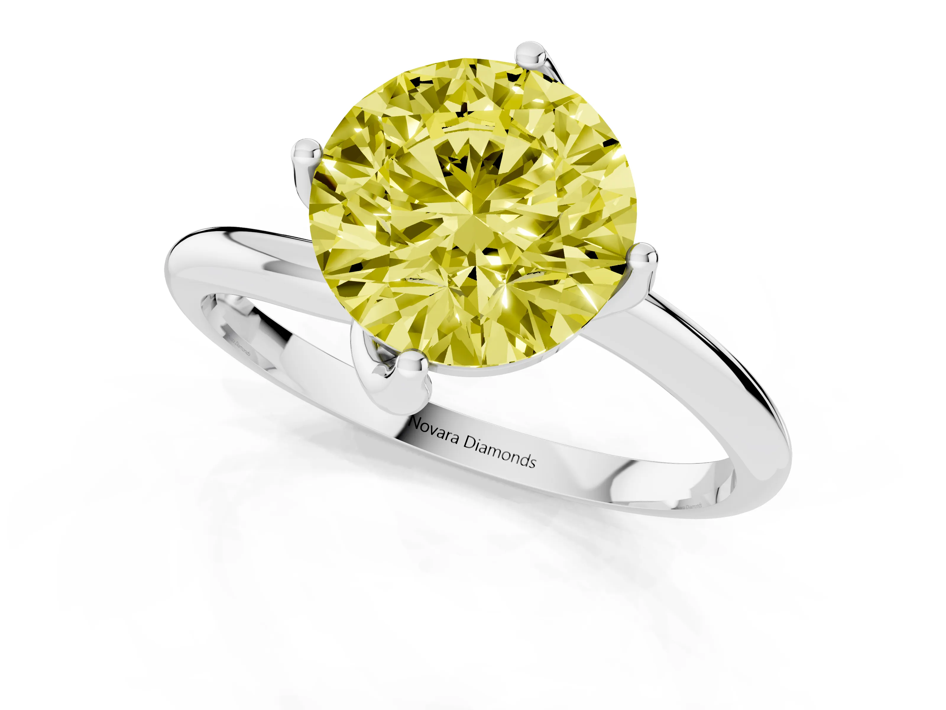 Fancy Yellow Round Cut Diamond Solitaire Engagement Ring Set in Silver with Classic Plain Band