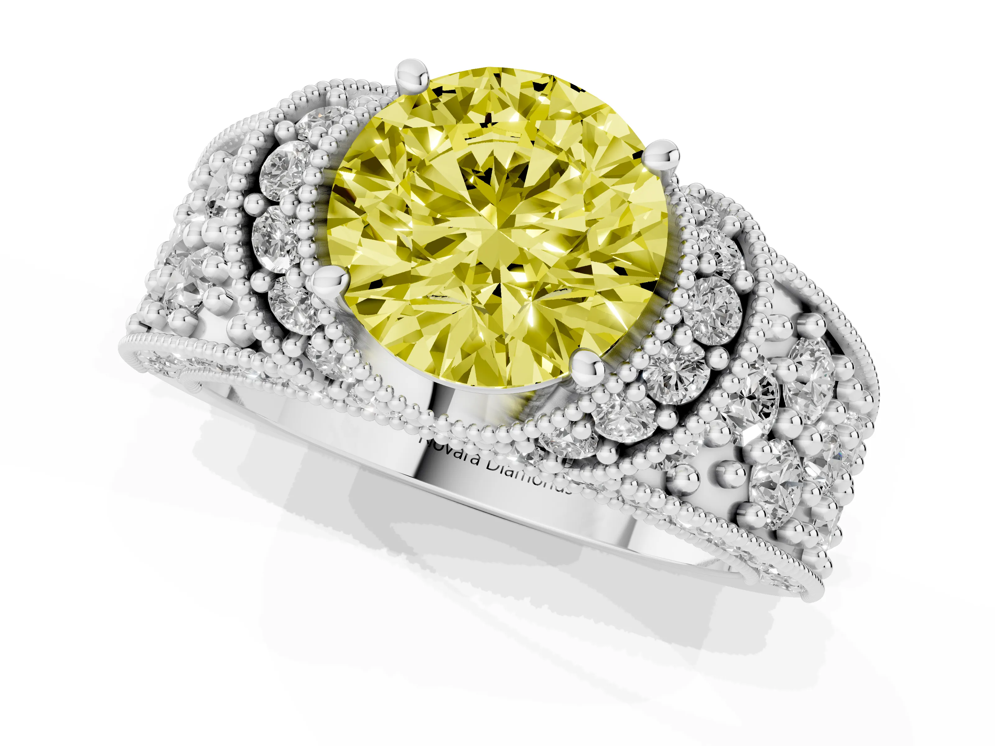 Fancy Yellow Round Cut Diamond Milgrain Halo Pavé Engagement Ring Set in Silver with Prong Setting