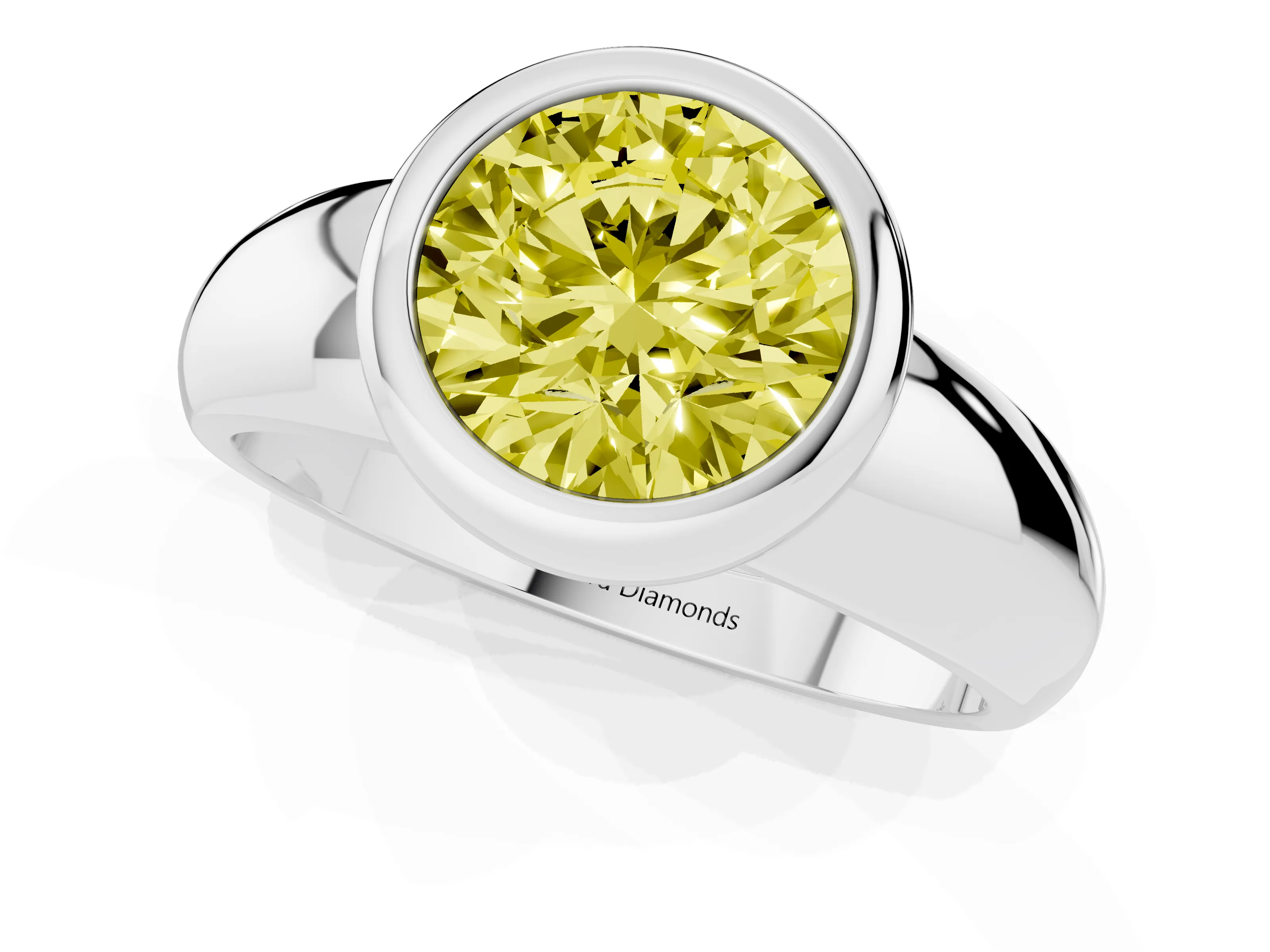 Fancy Yellow Bezel Set Round Cut Diamond Solitaire Ring Set in Silver with Wide Band