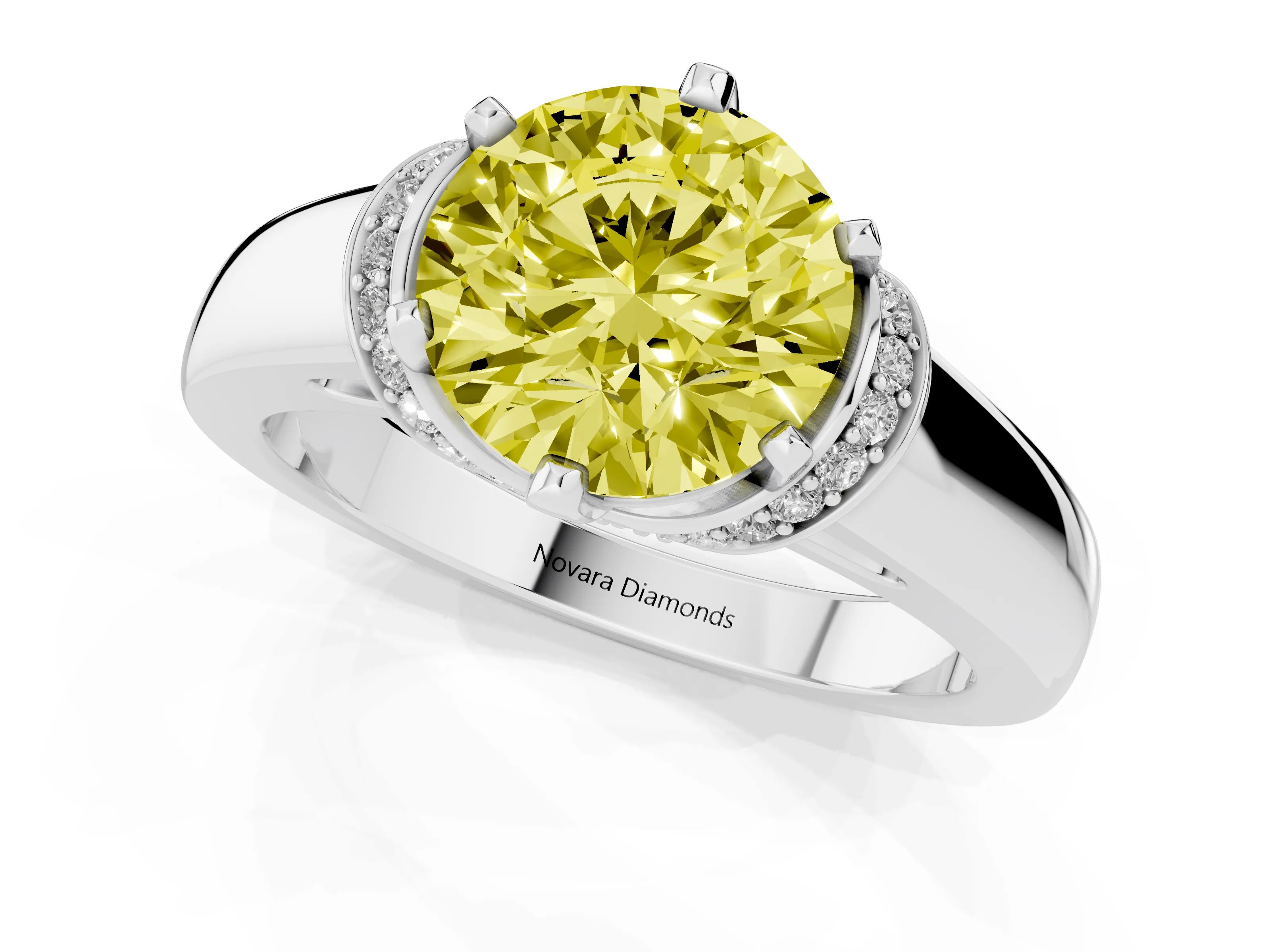 Fancy Yellow Round Cut Diamond Pavé Band Solitaire Ring Set in Silver with Prong Setting